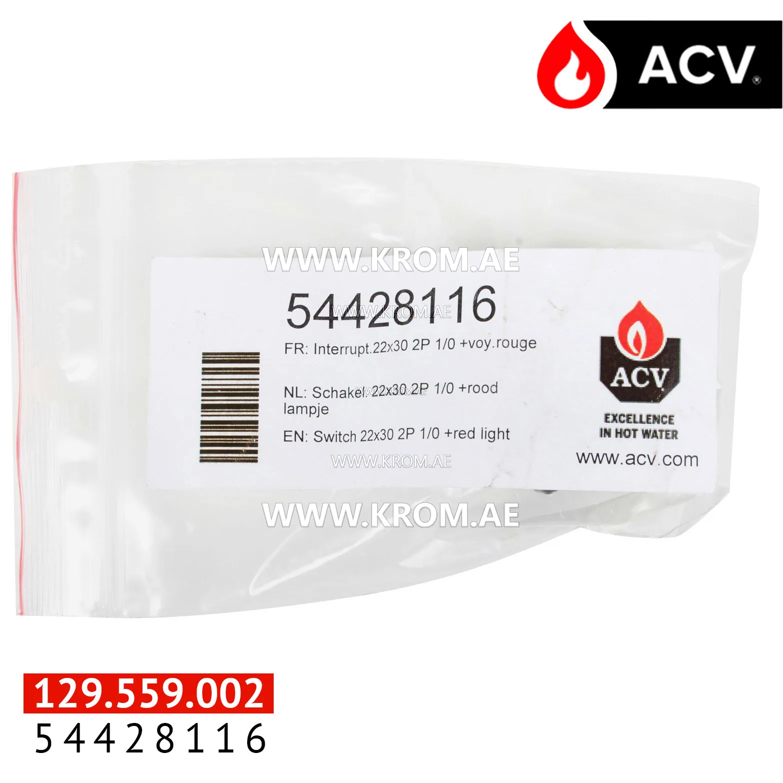 ACV 54428116 switch 22x30 2p 1/0 +red light