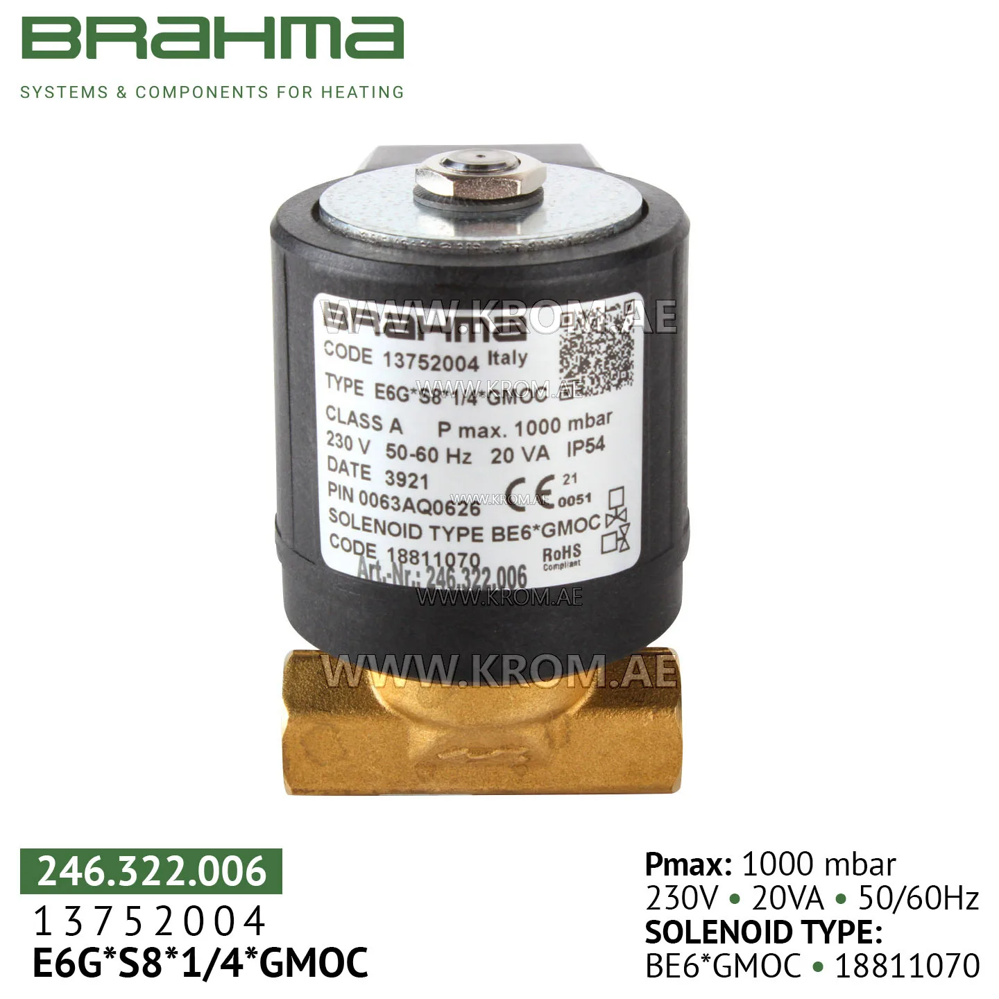 Brahma 13752004 E6G*S8*1/4*GMOC gas valve