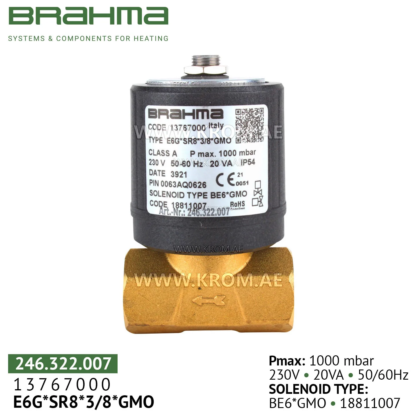Brahma 13767000 E6G*SR8*3/8*GMO gas valve