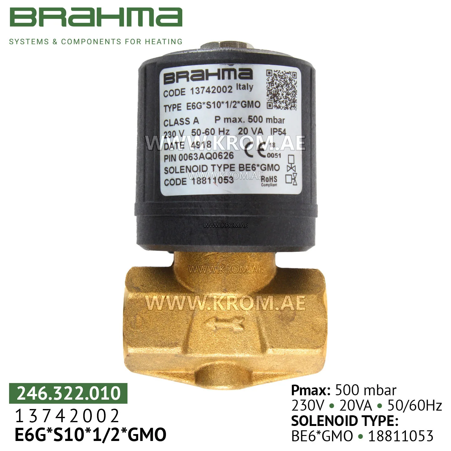 Brahma 13742002 E6G*S10*1/2*GMO gas valve