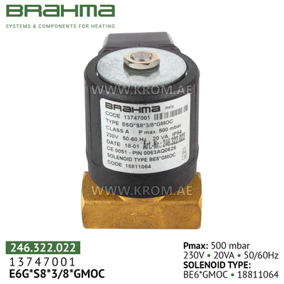 Brahma 13747001 E6G*S8*3/8*GMOC gas valve