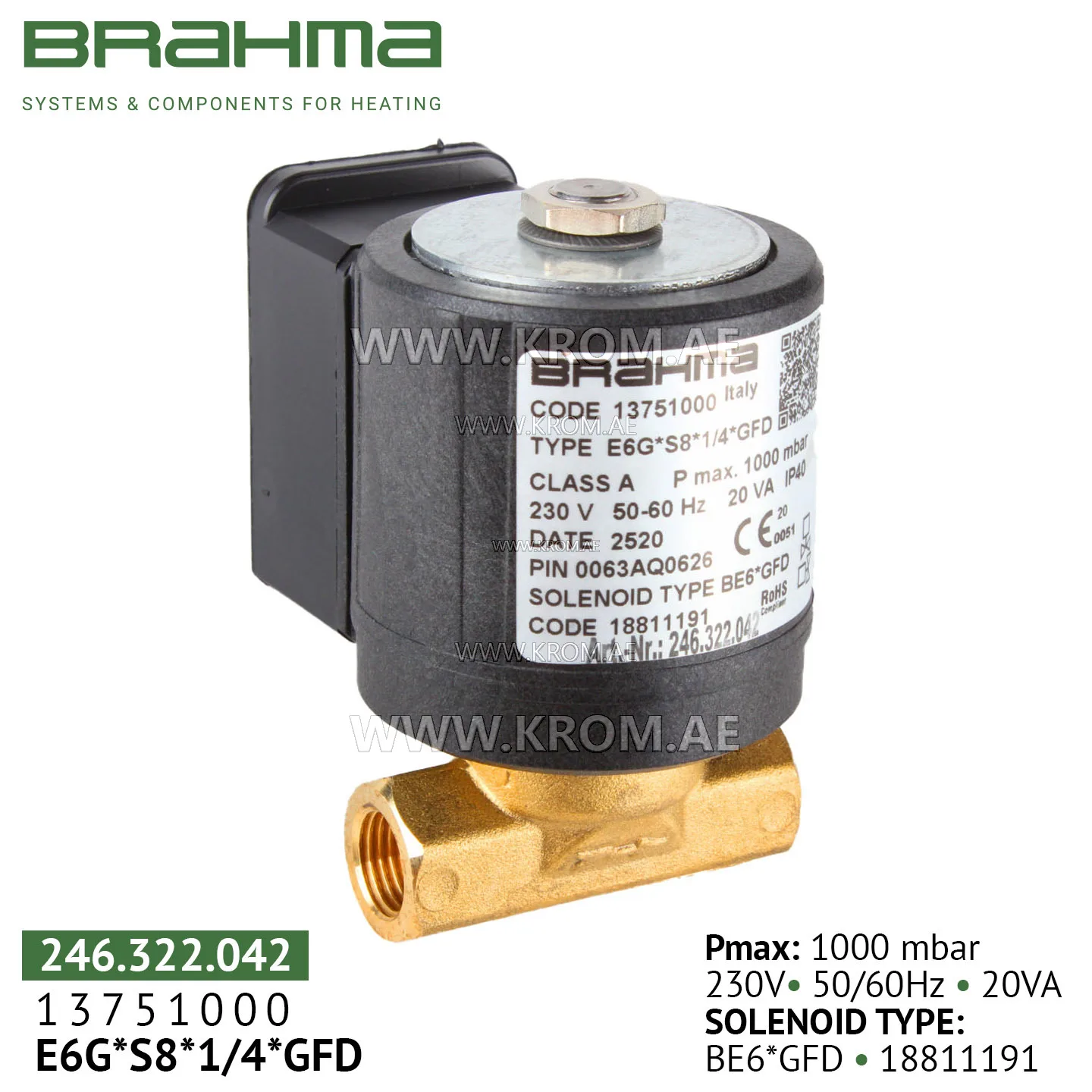 Brahma 13751000 E6G*S8*1/4*GFD gas valve