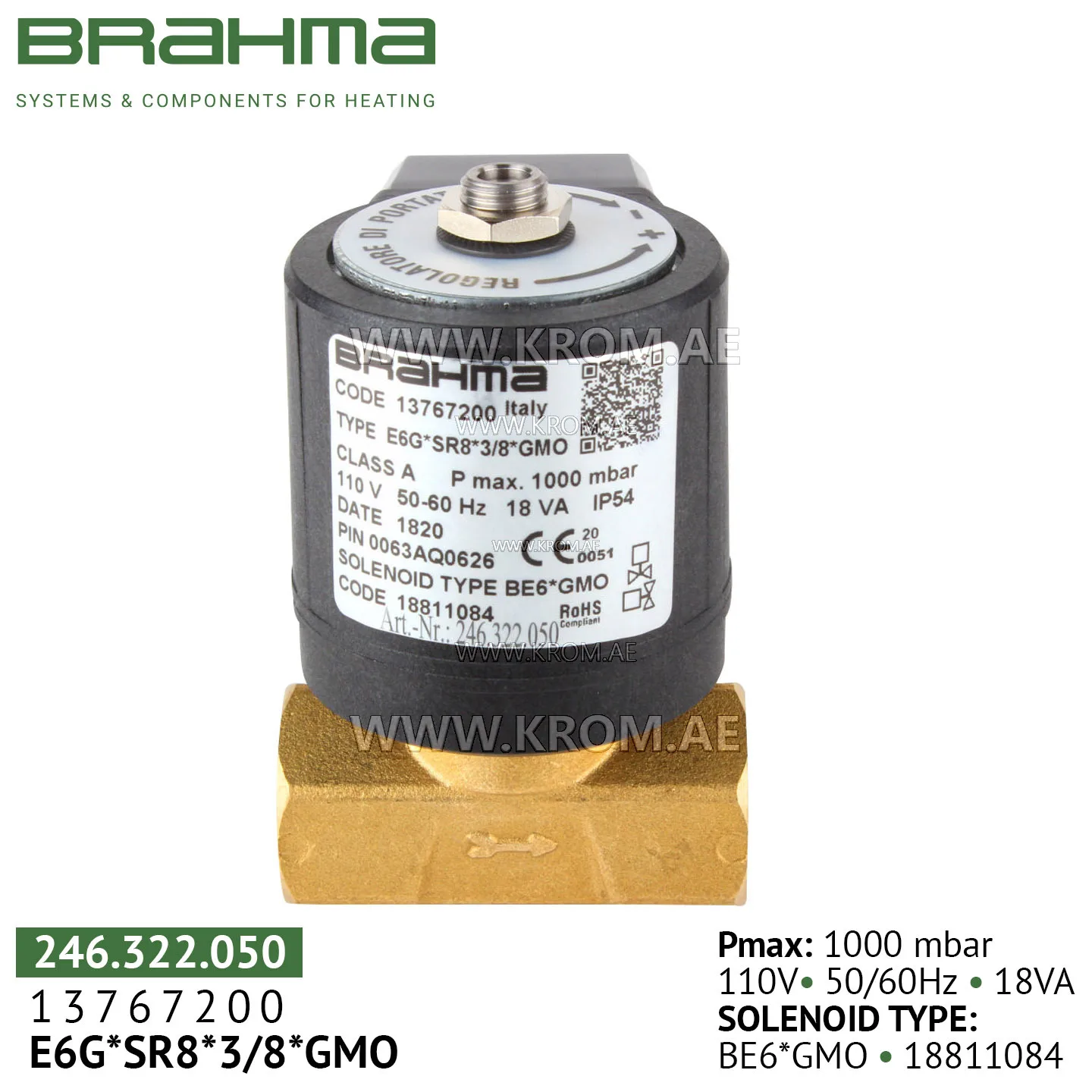 Brahma 13767200 E6G*SR 8*3/8*GMO gas valve