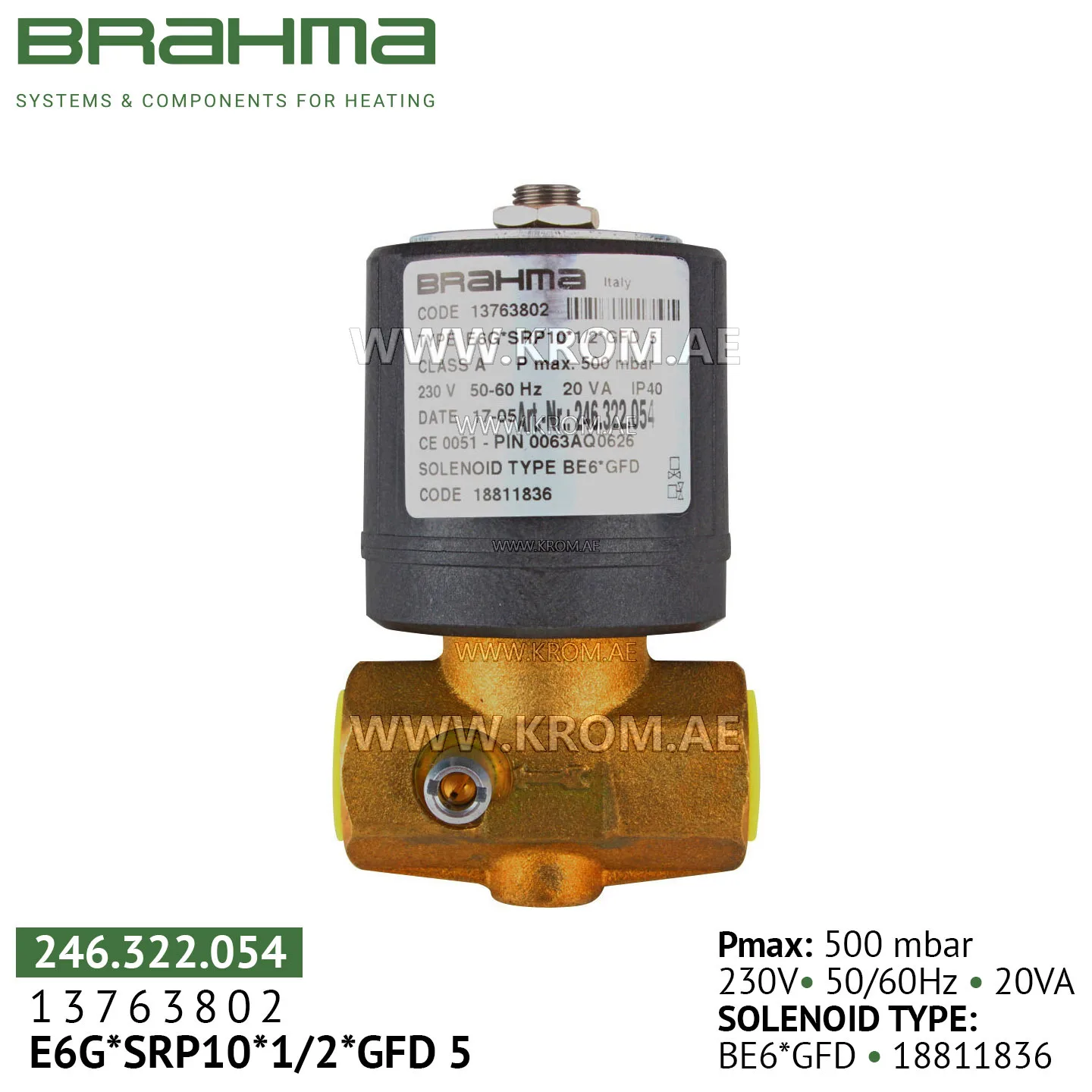 Brahma 13763802 E6G*SRP10*1/2*GFD5 gas valve