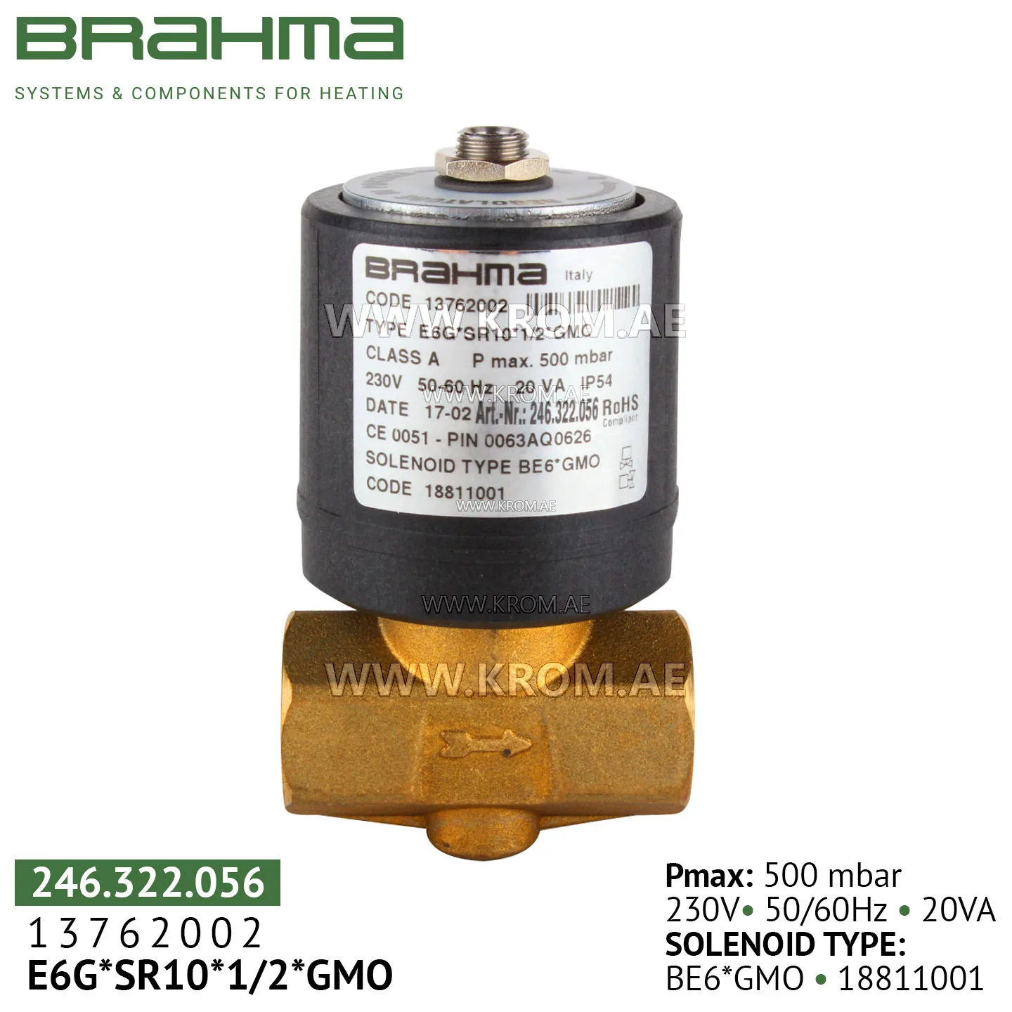 Brahma 13762002 E6G*SR10*1/2*GMO gas valve