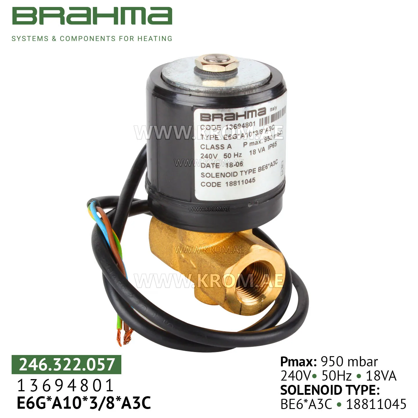 Brahma 13694801 E6G*A 10*3/8*A3C gas valve