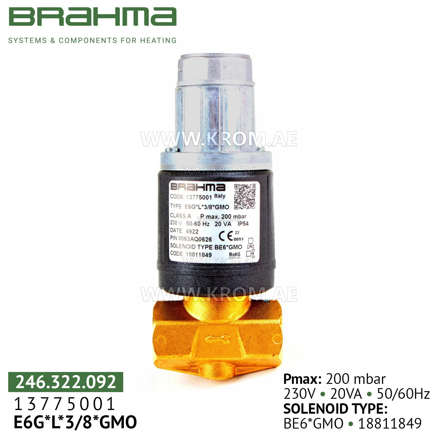 Brahma 13775001 E6G*L*3/8*GMO gas valve