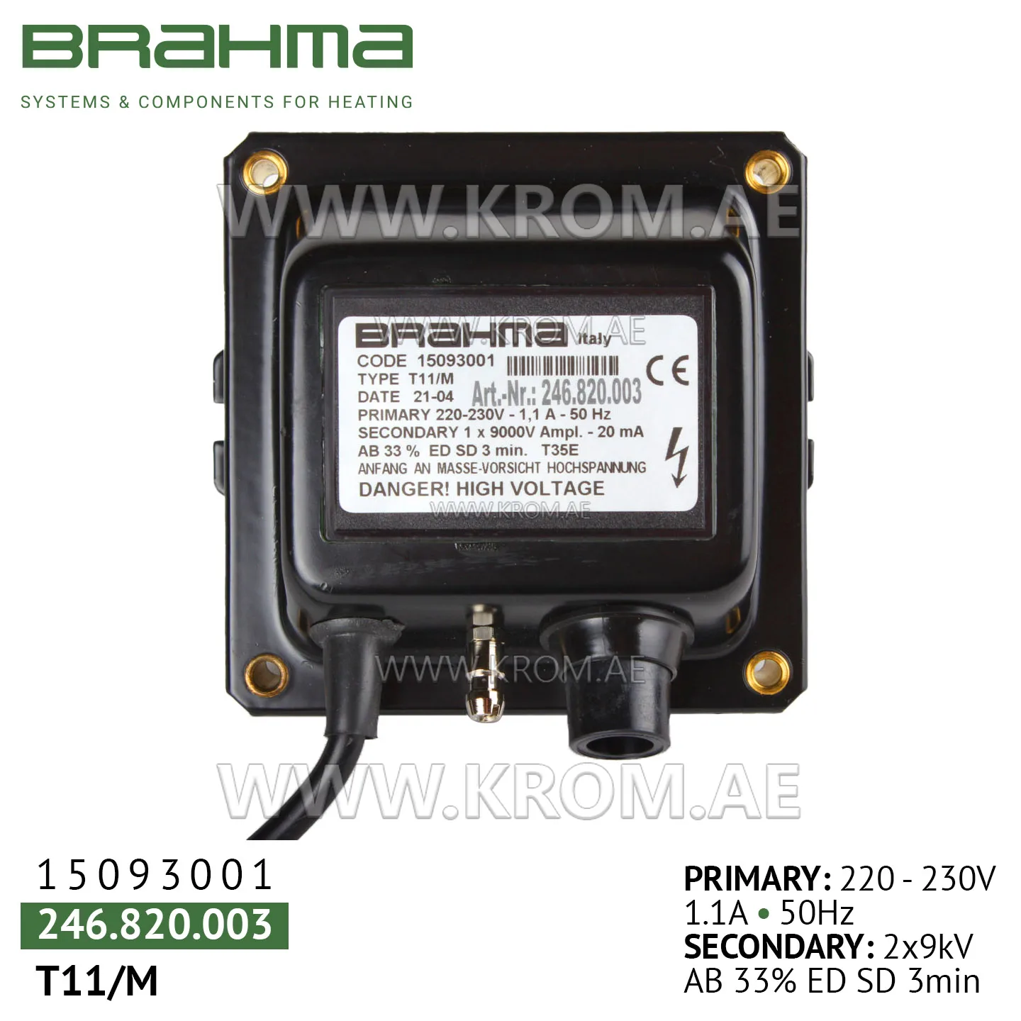 Brahma 15093001 T11/M ignition transformer
