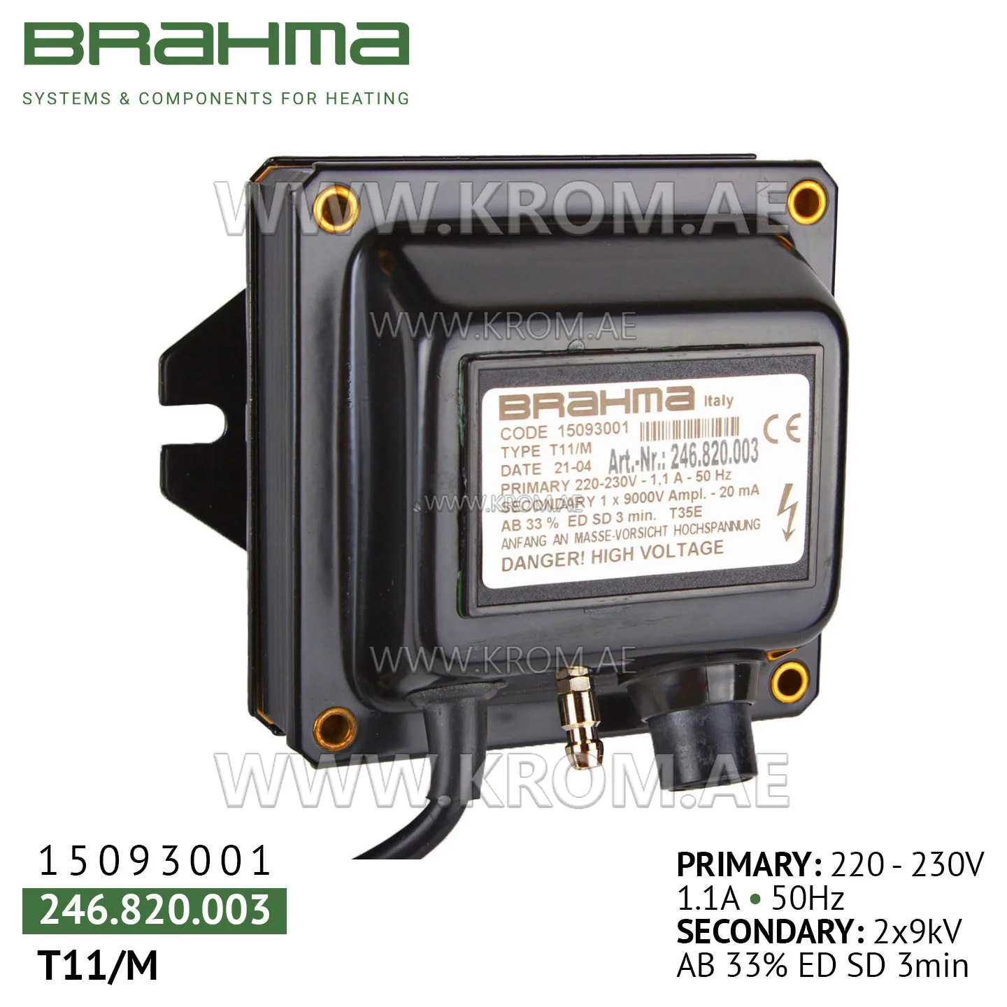 Brahma 15093001 T11/M ignition transformer