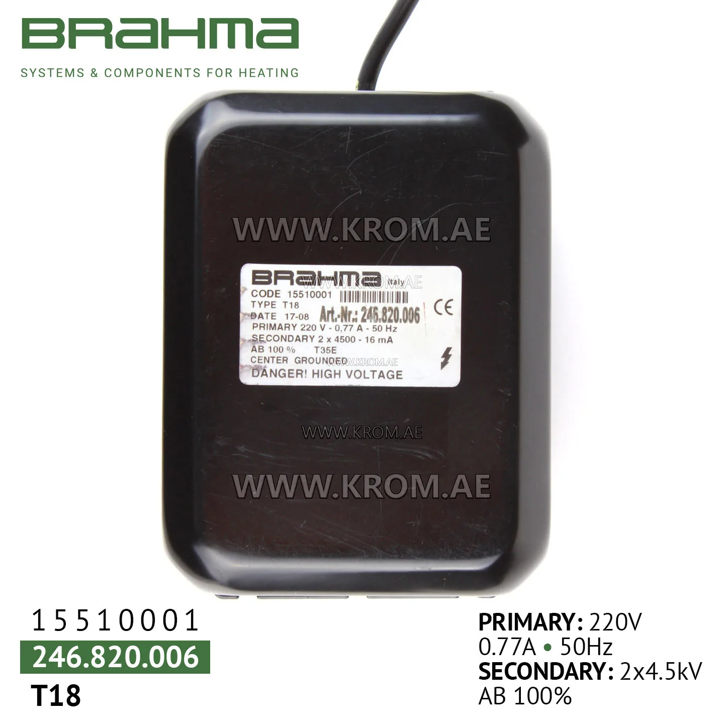 Brahma 15510001 T18 ignition transformer