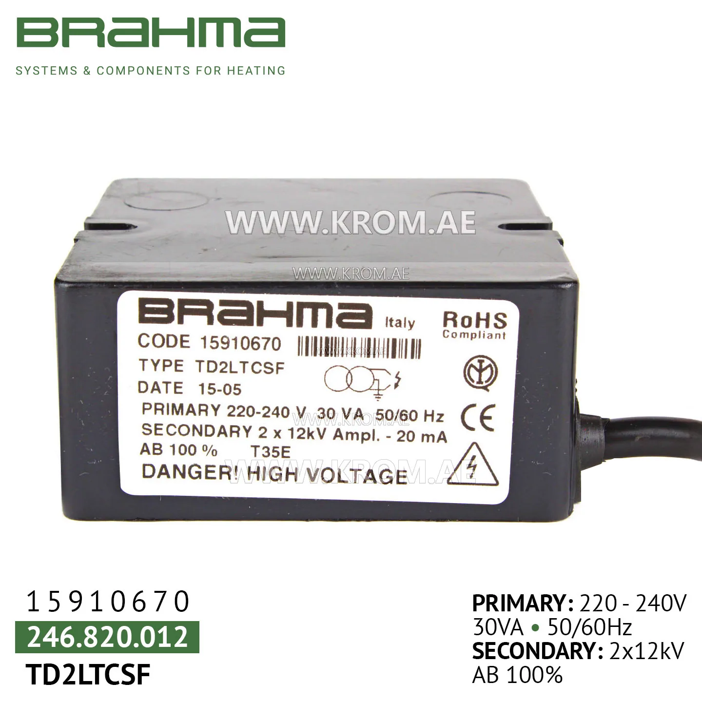 Brahma 15910670 TD2LTCSF ignition transformer
