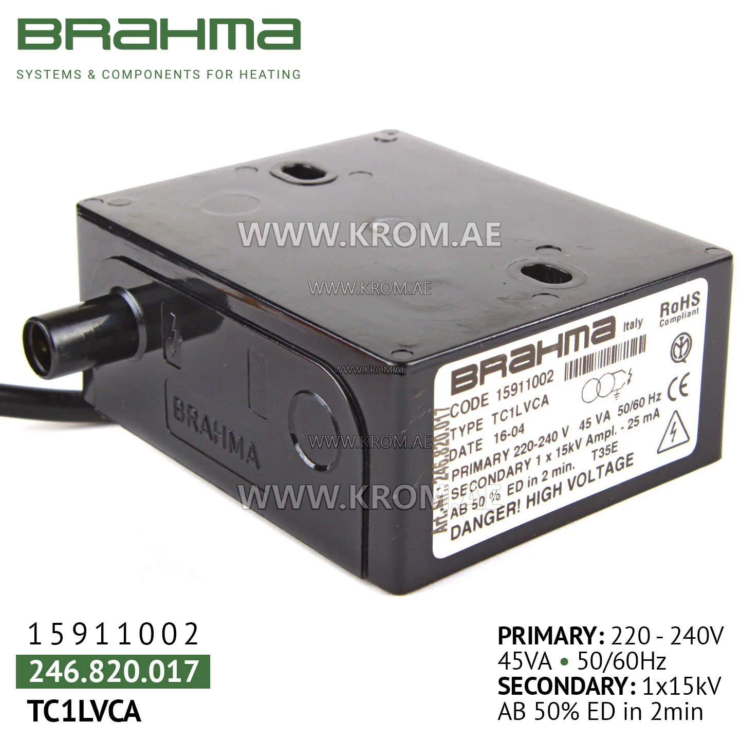 Brahma 15911002 TC1LVCA ignition transformer