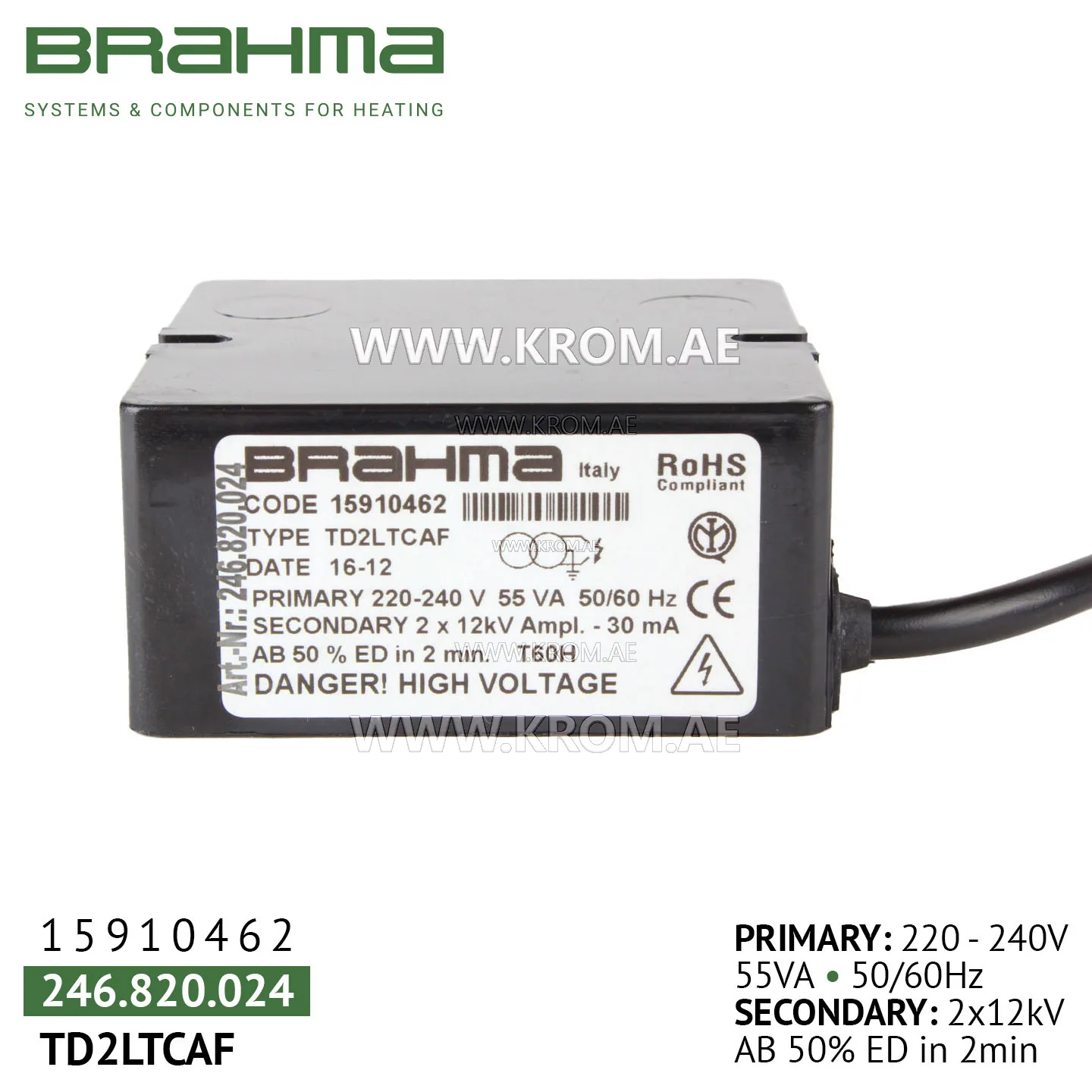 Brahma 15910462 TD2LTCAF ignition transformer