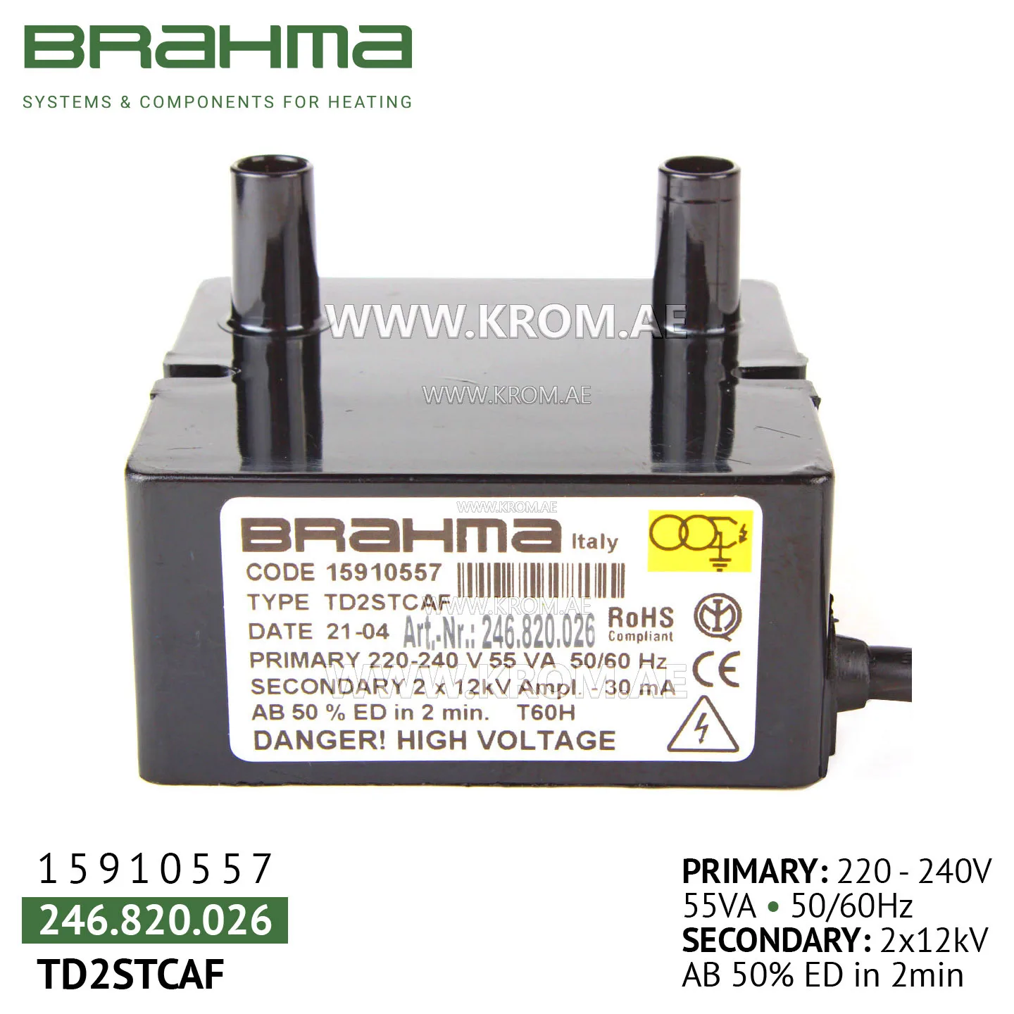 Brahma 15910557 TD2STCAF ignition transformer