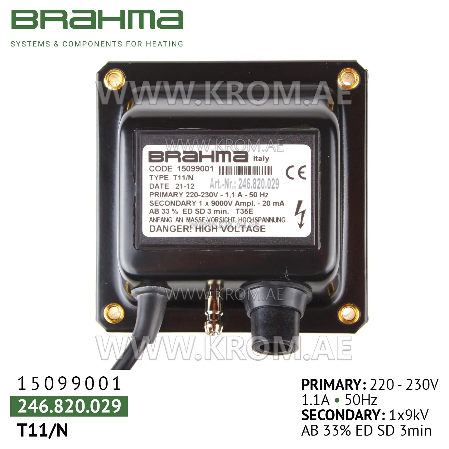 Brahma 15099001 T11/N ignition transformer