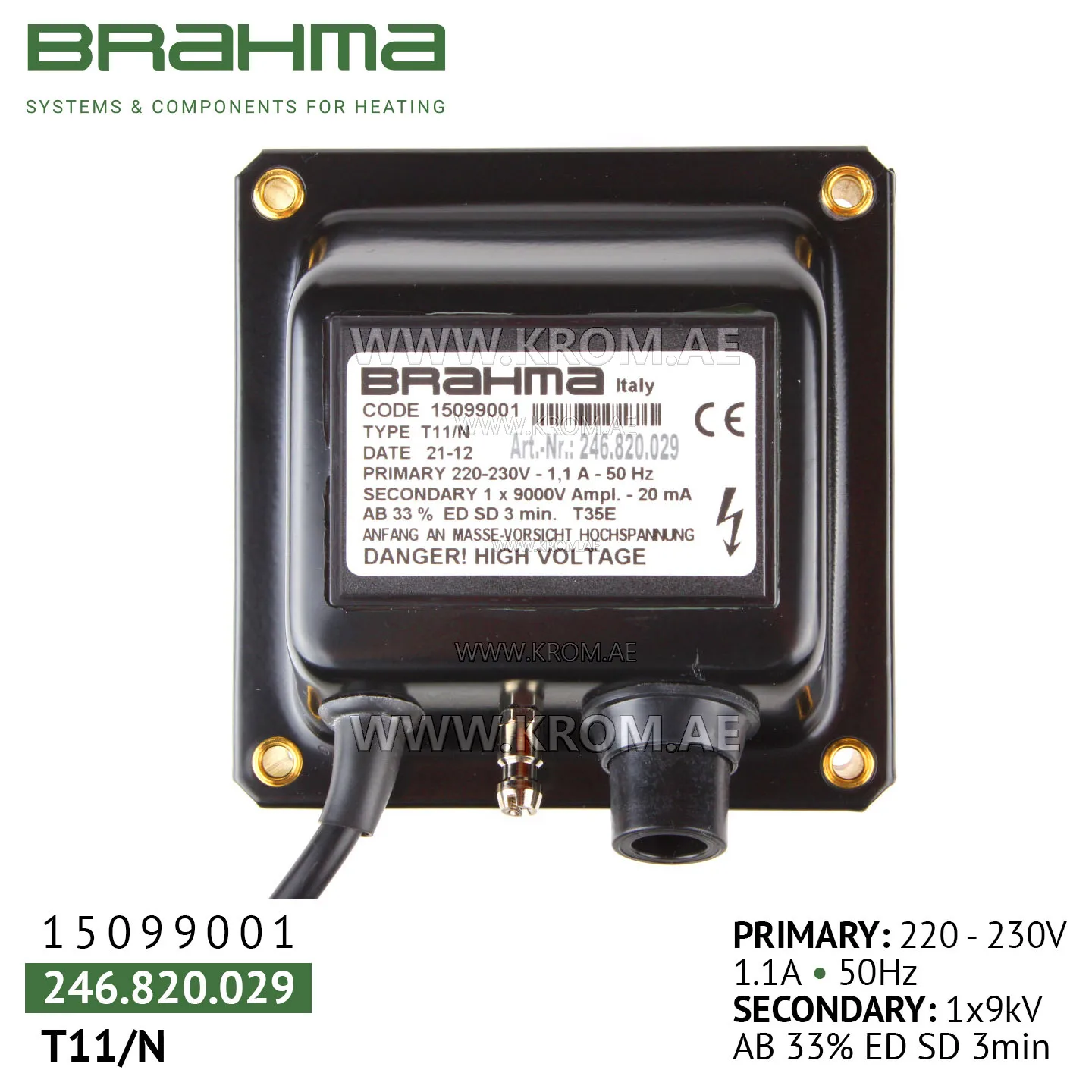 Brahma 15099001 T11/N ignition transformer