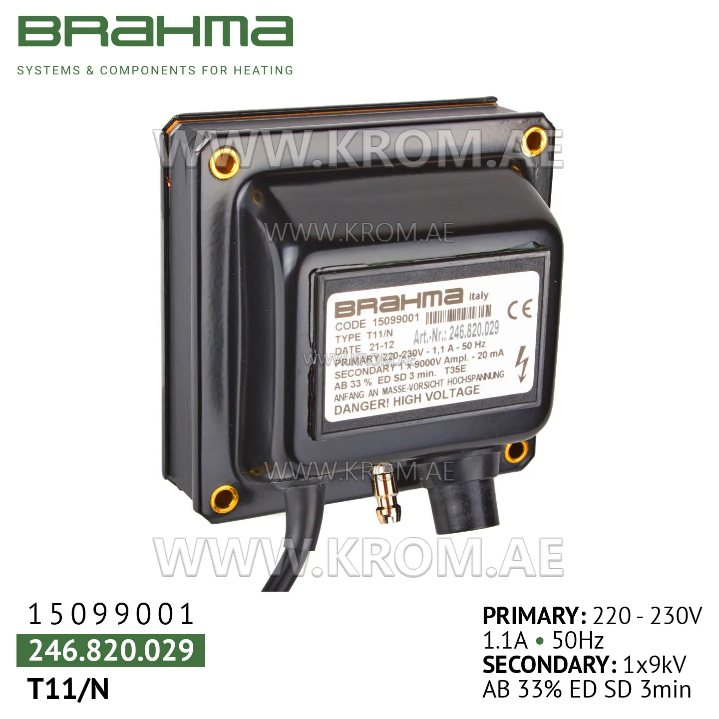 Brahma 15099001 T11/N ignition transformer