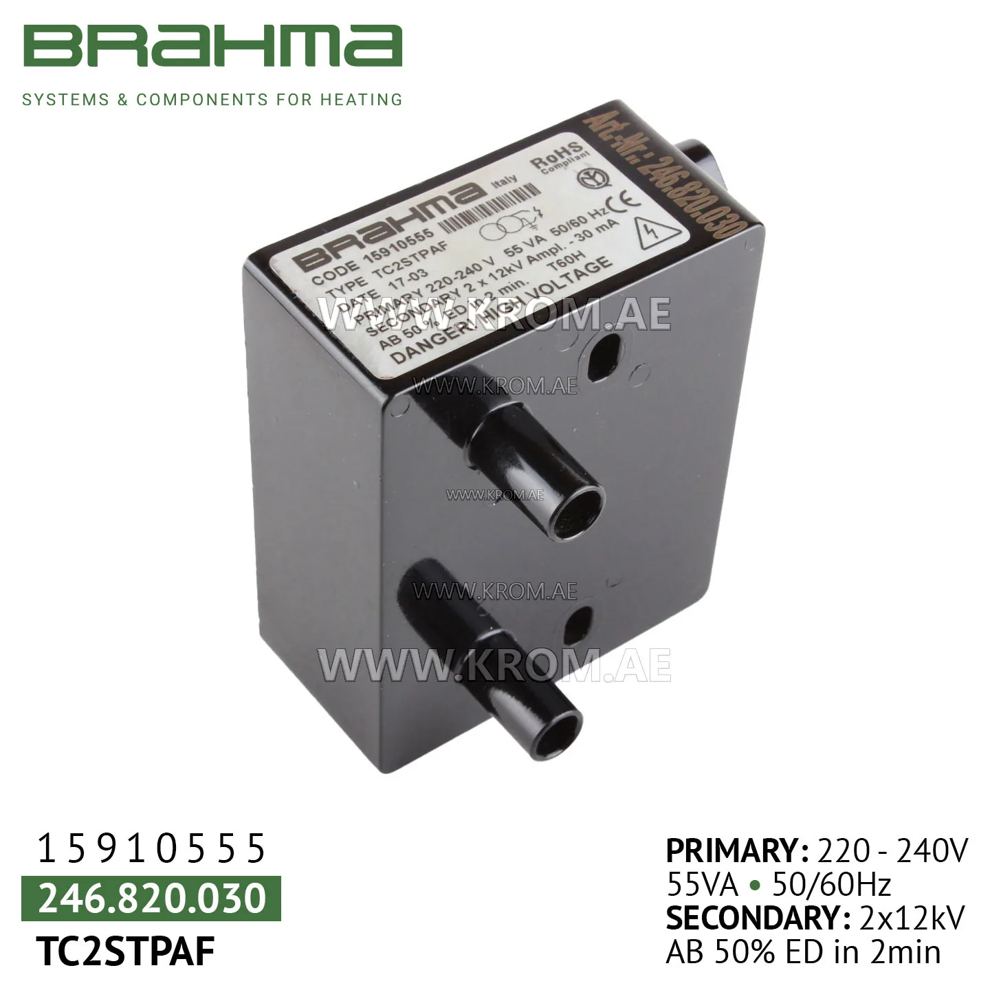 Brahma 15910555 TC2STPAF ignition transformer