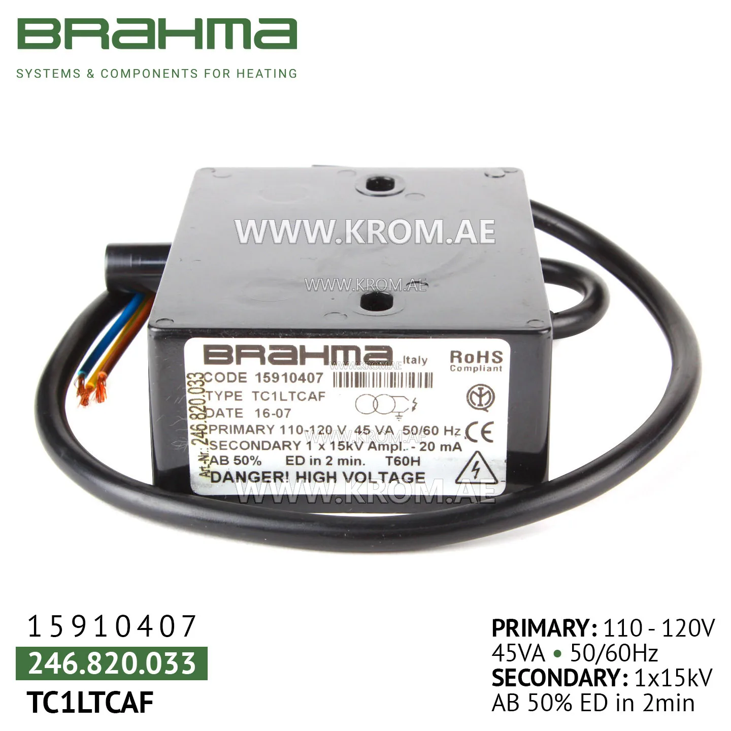 Brahma 15910407 TC1LTCAF ignition transformer