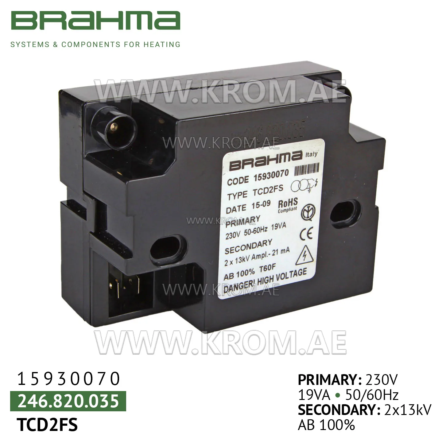 Brahma 15930070 TCD2FS ignition transformer