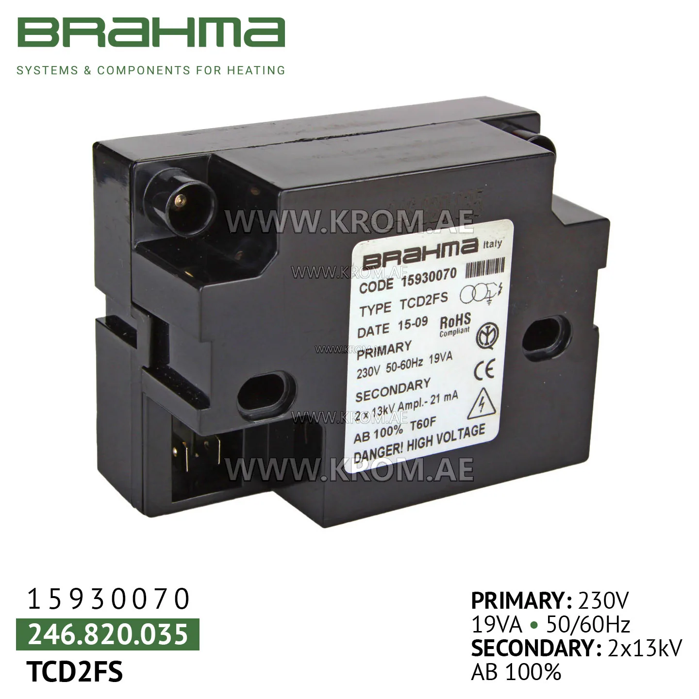 Brahma 15930070 TCD2FS ignition transformer