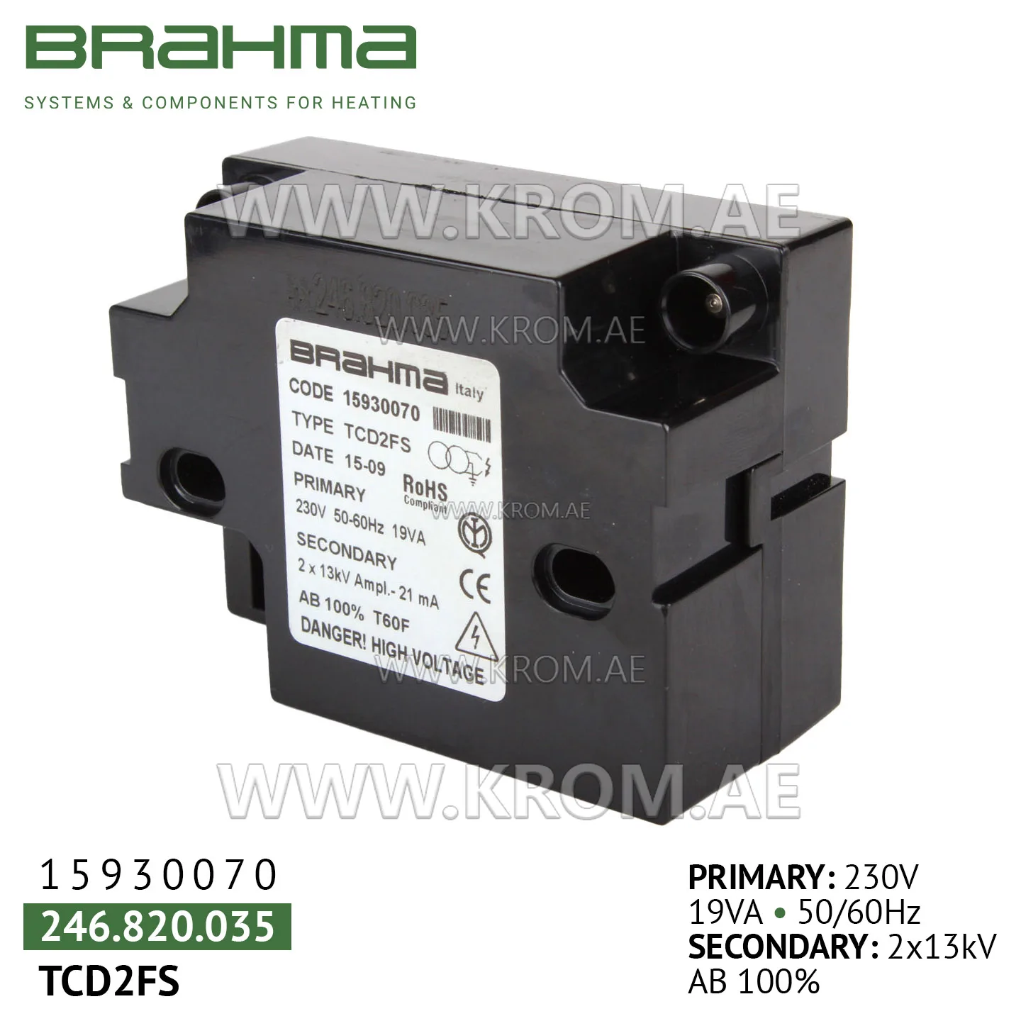 Brahma 15930070 TCD2FS ignition transformer