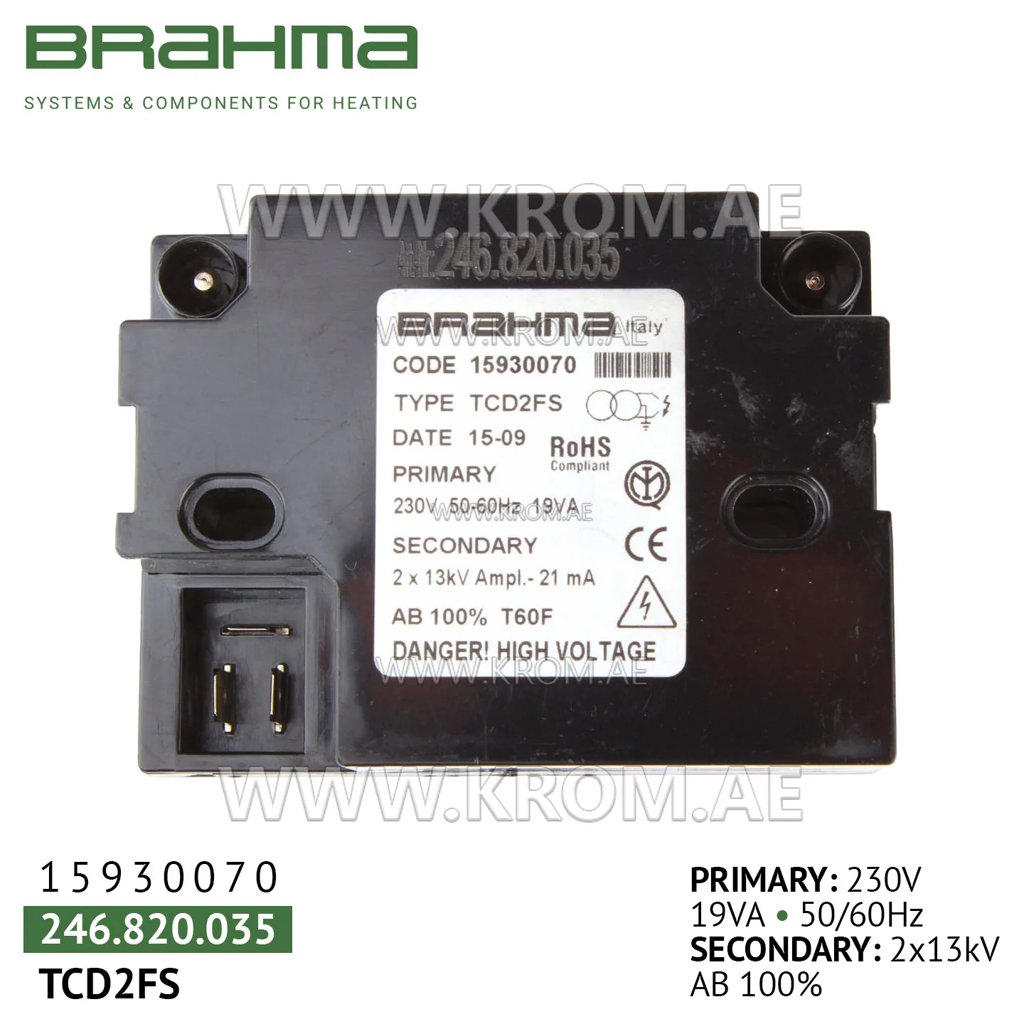 Brahma 15930070 TCD2FS ignition transformer