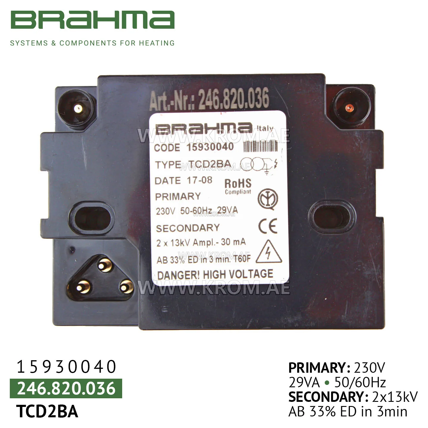 Brahma 15930040 TCD2BA ignition transformer