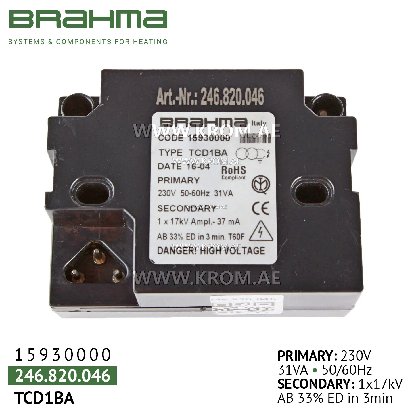 Brahma 15930000 TCD1BA ignition transformer
