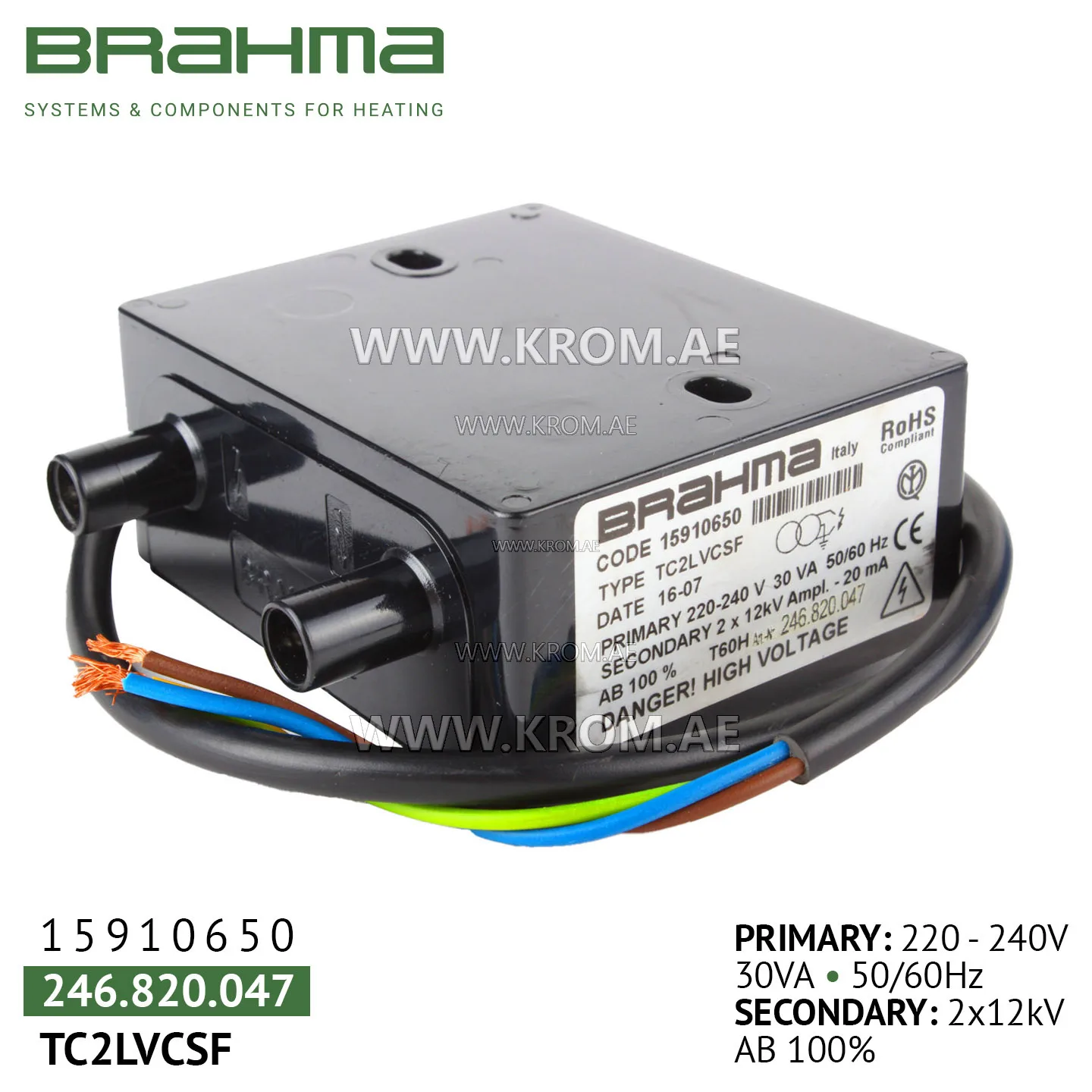 Brahma 15910650 TC2LVCSF ignition transformer