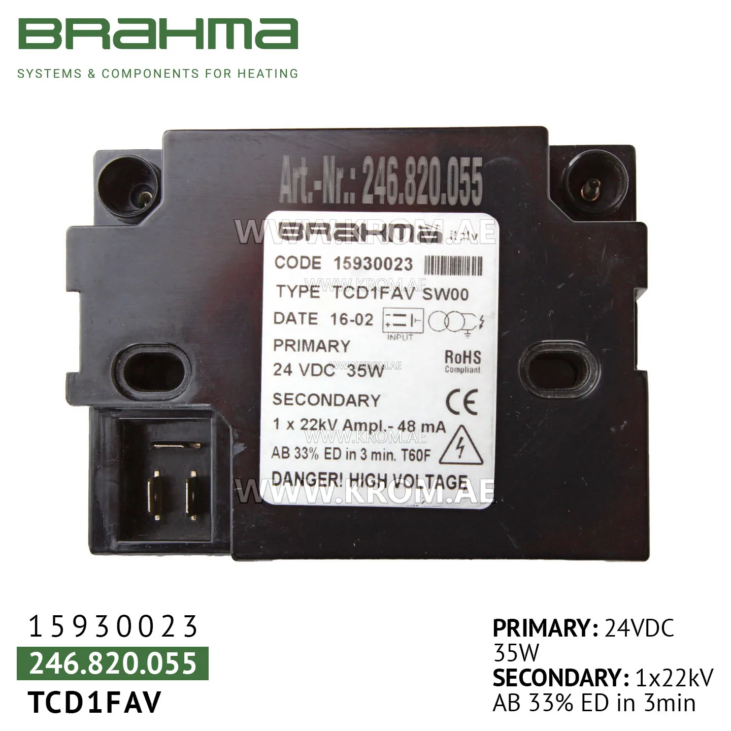 Brahma 15930023 TCD1FAV ignition transformer