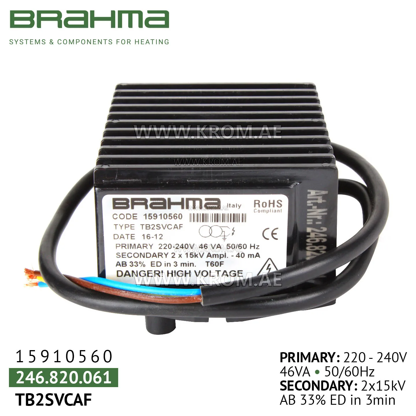 Brahma 15910560 TB2SVCAF ignition transformer