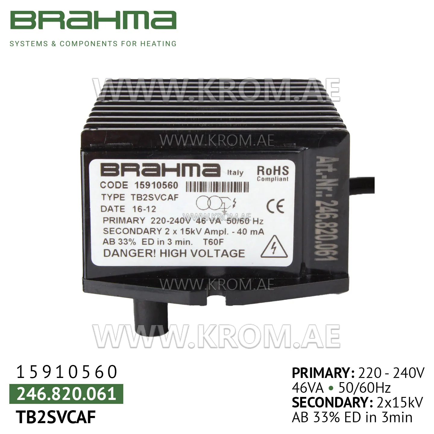 Brahma 15910560 TB2SVCAF ignition transformer