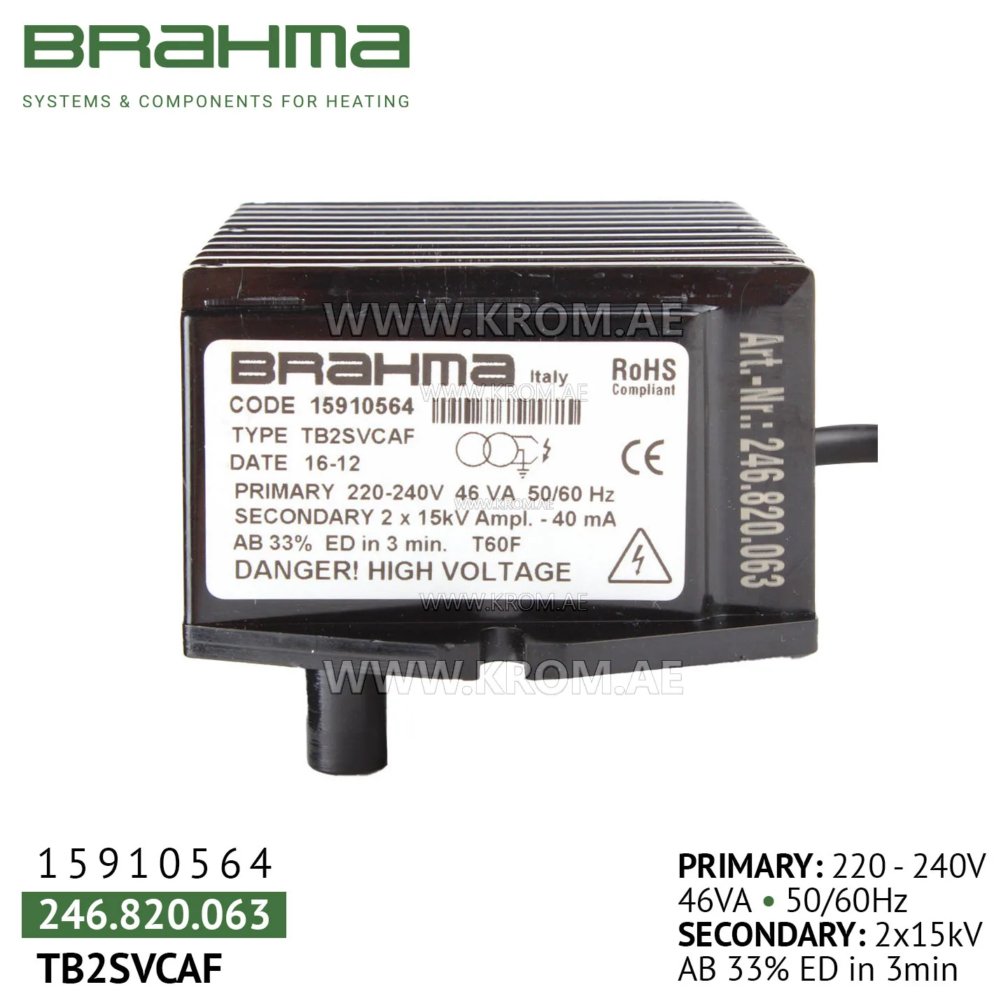 Brahma 15910564 TB2SVCAF ignition transformer