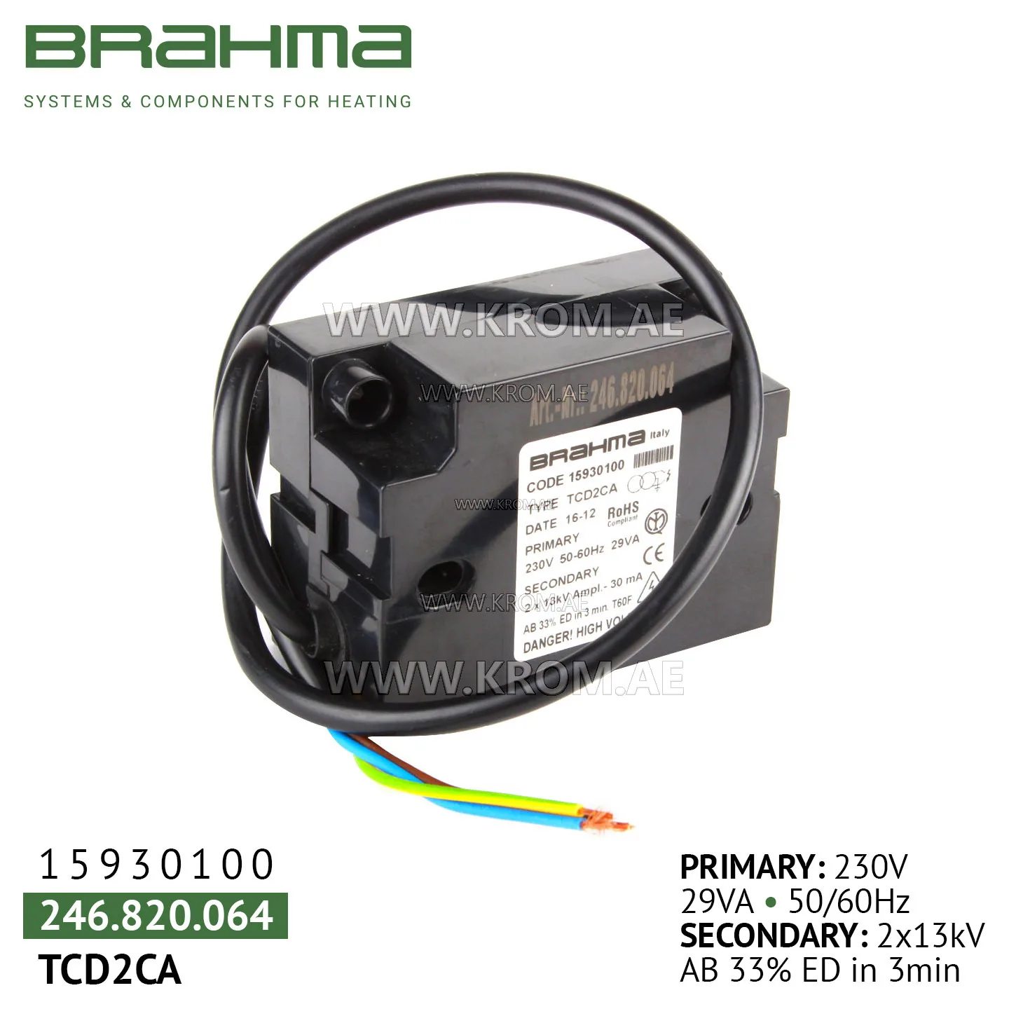 Brahma 15930100 TCD2CA ignition transformer