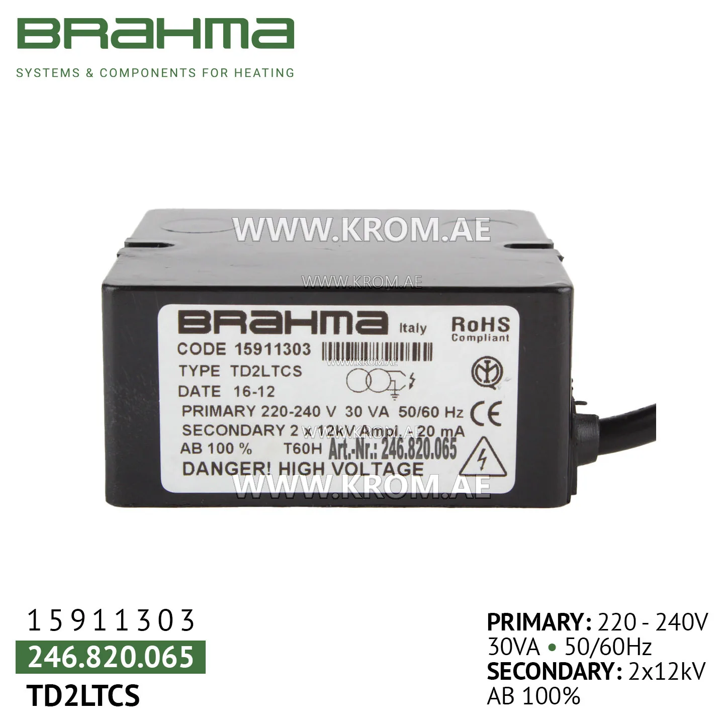 Brahma 15911303 TD2LTCS ignition transformer