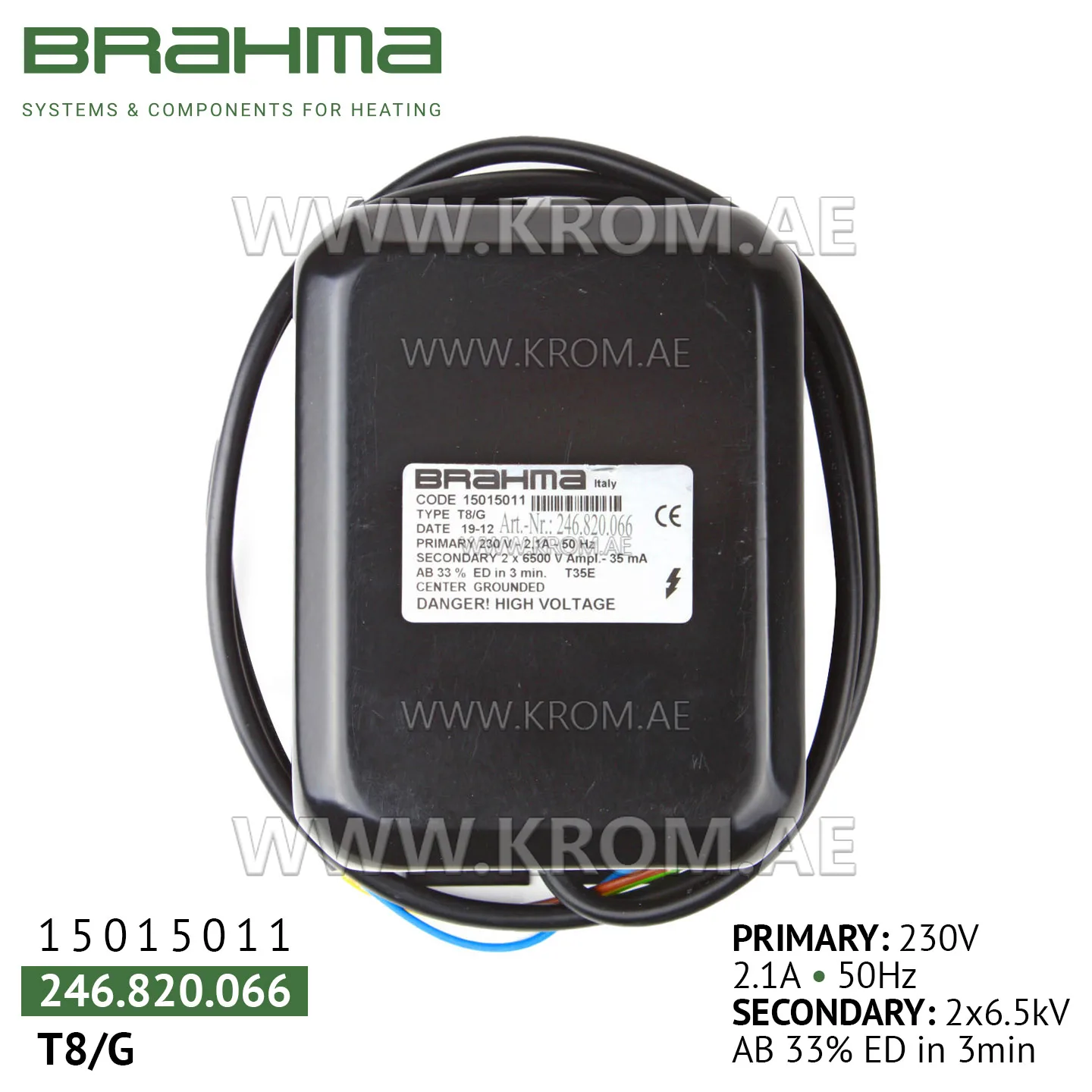 Brahma 15015011 T8/G ignition transformer
