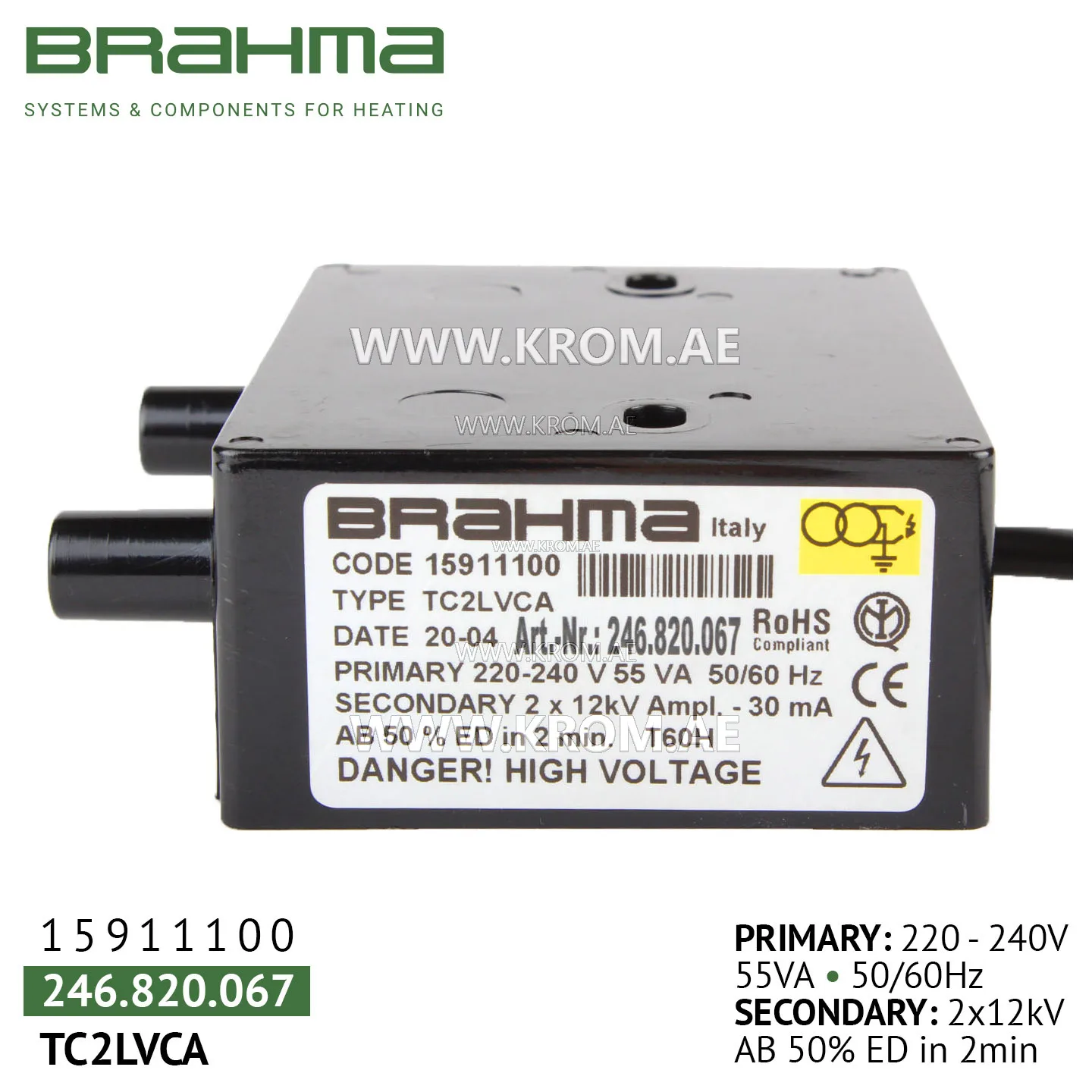 Brahma 15911100 TC2LVCA ignition transformer