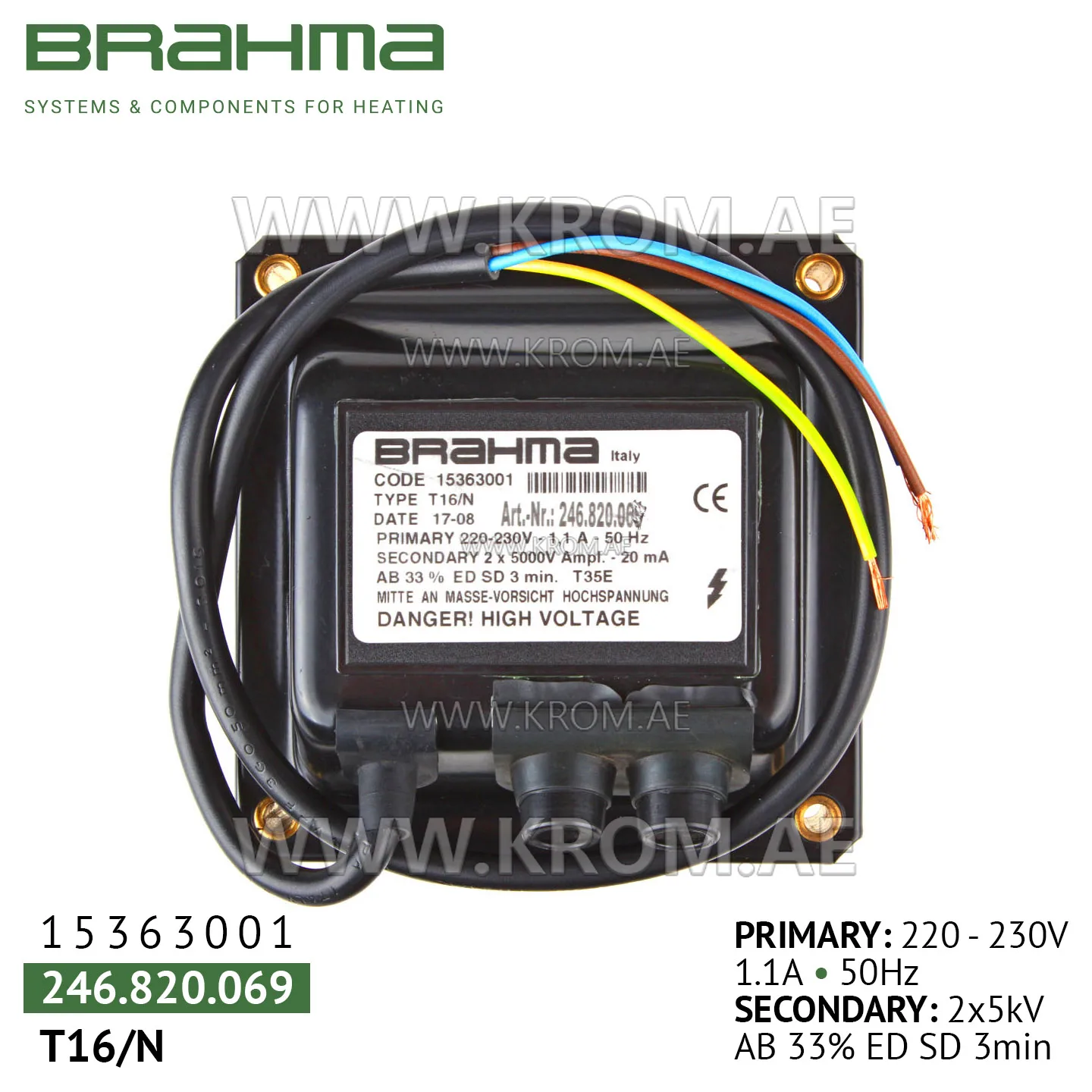 Brahma 15363001 T16/N ignition transformer
