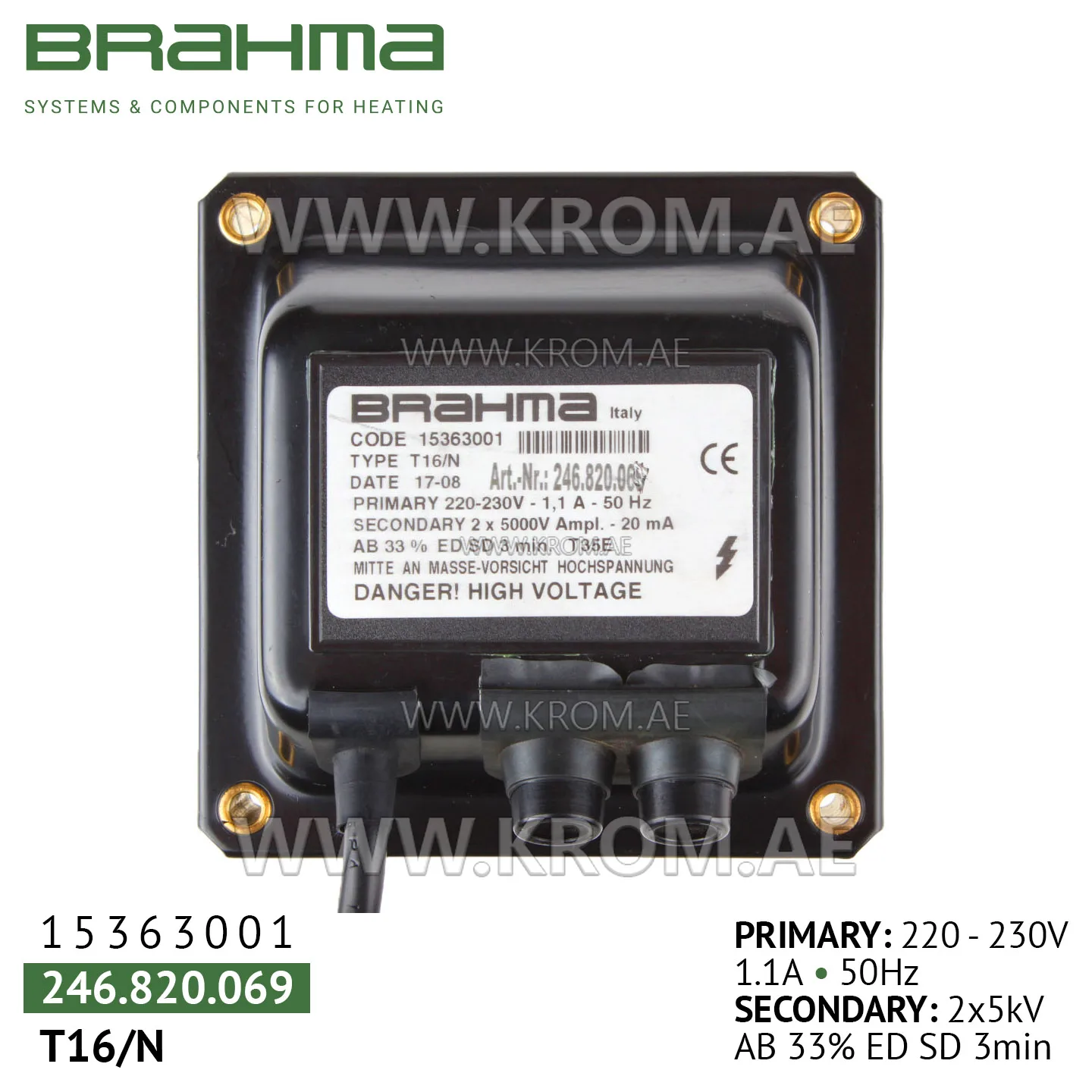 Brahma 15363001 T16/N ignition transformer