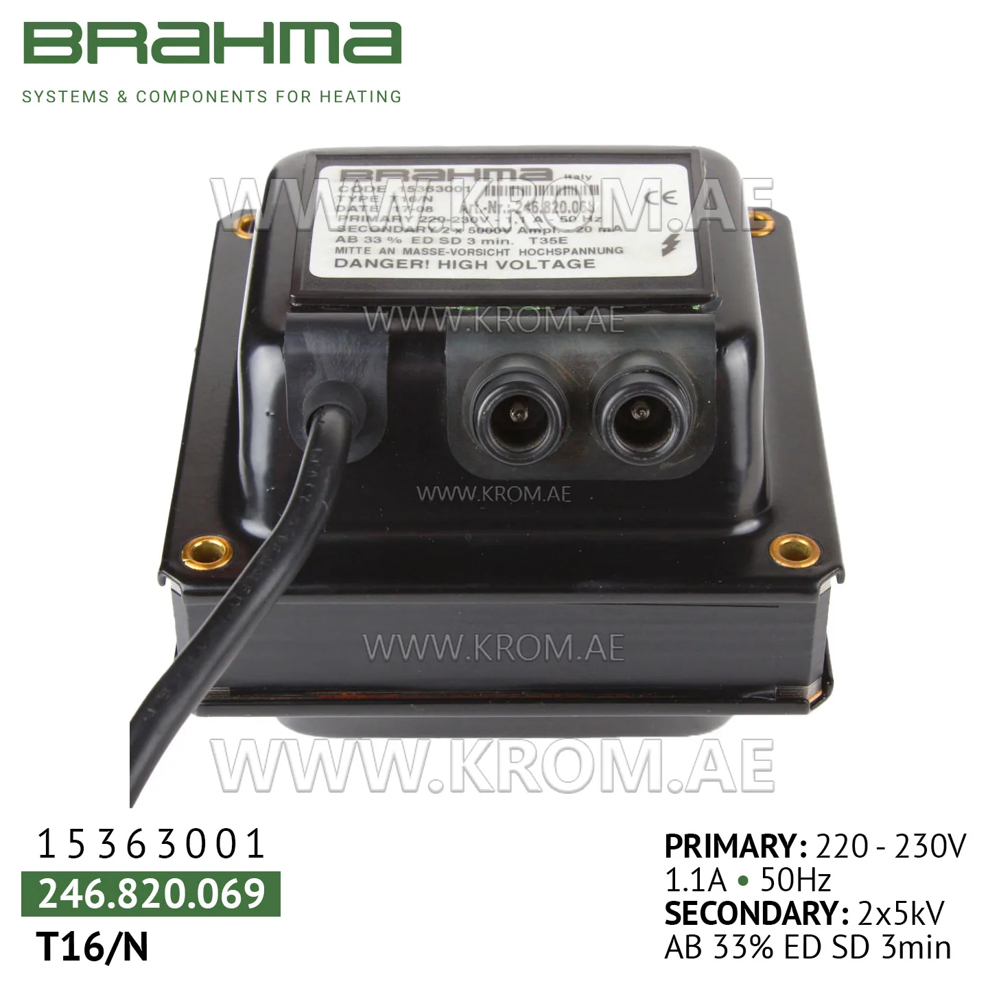 Brahma 15363001 T16/N ignition transformer