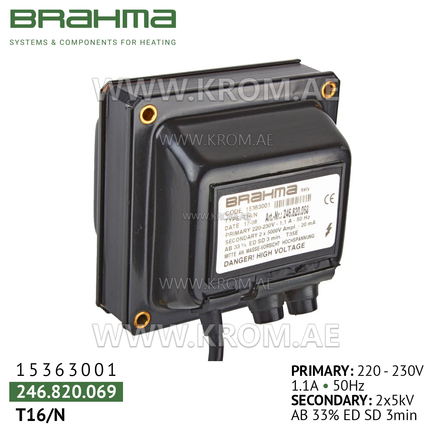Brahma 15363001 T16/N ignition transformer
