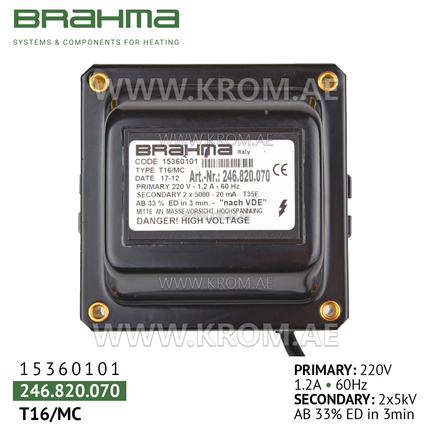 Brahma 15360101 T16/MC ignition transformer