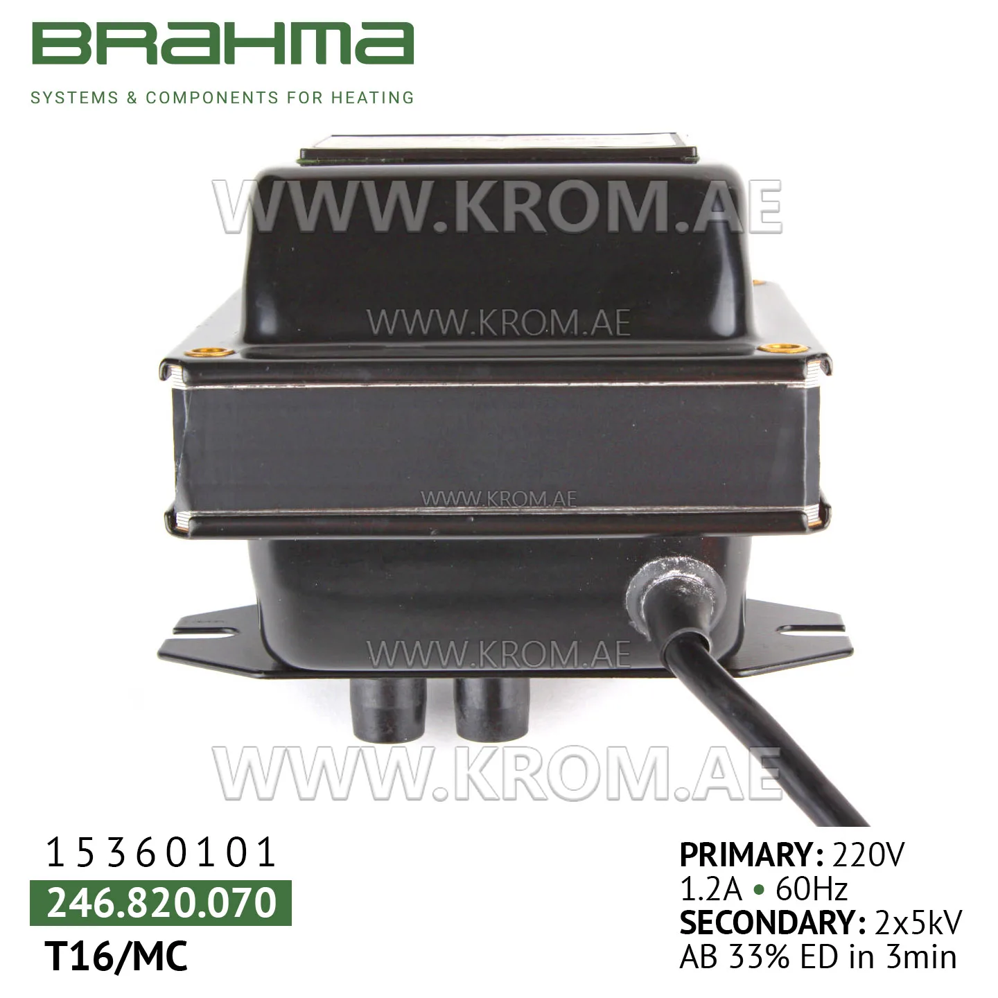Brahma 15360101 T16/MC ignition transformer
