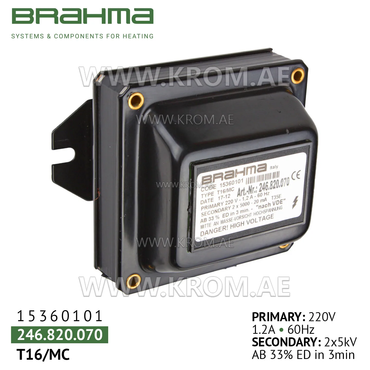 Brahma 15360101 T16/MC ignition transformer