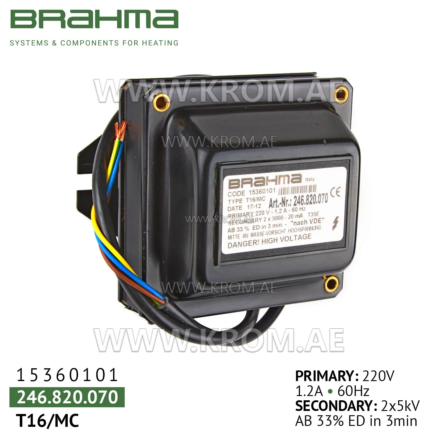 Brahma 15360101 T16/MC ignition transformer