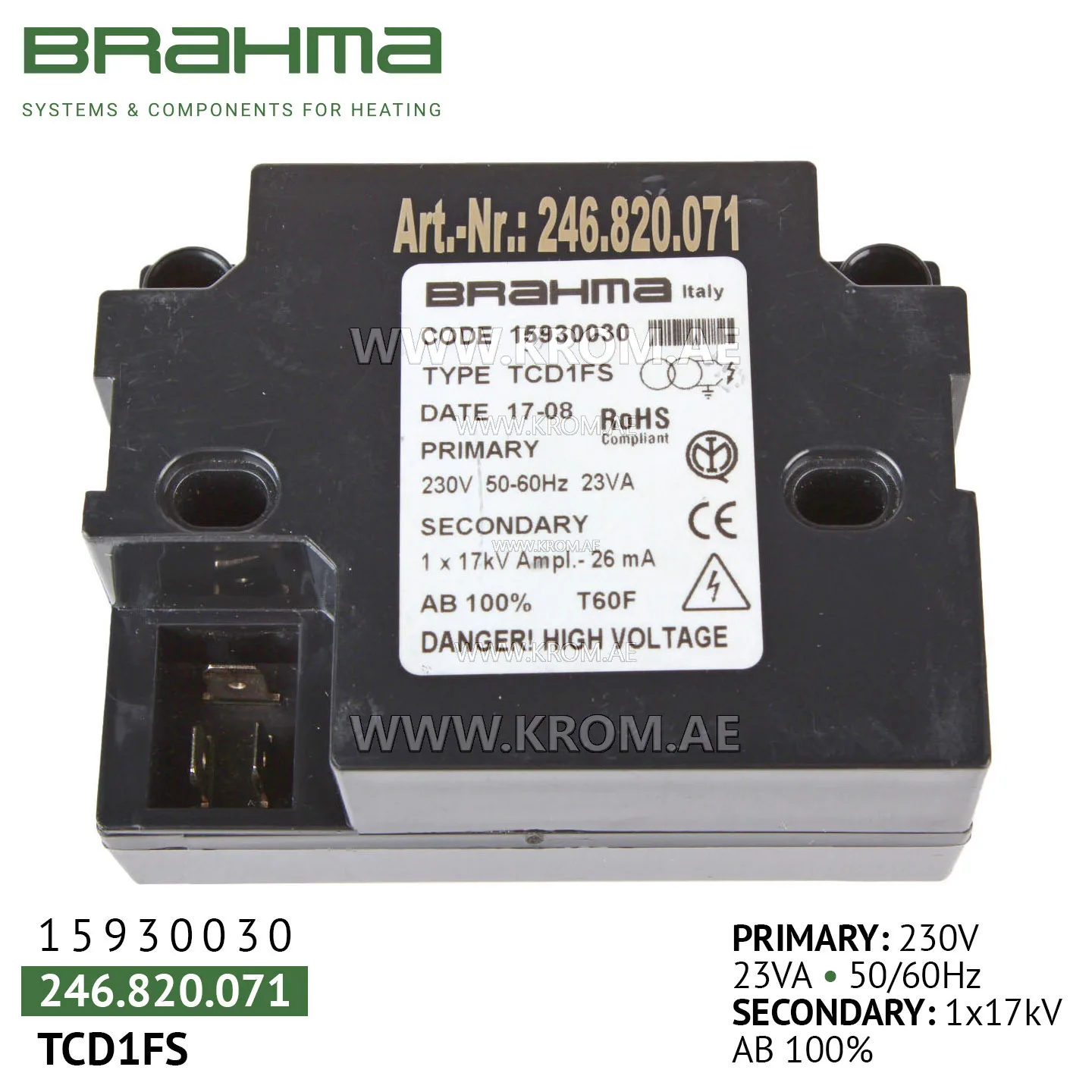Brahma 15930030 TCD1FS ignition transformer