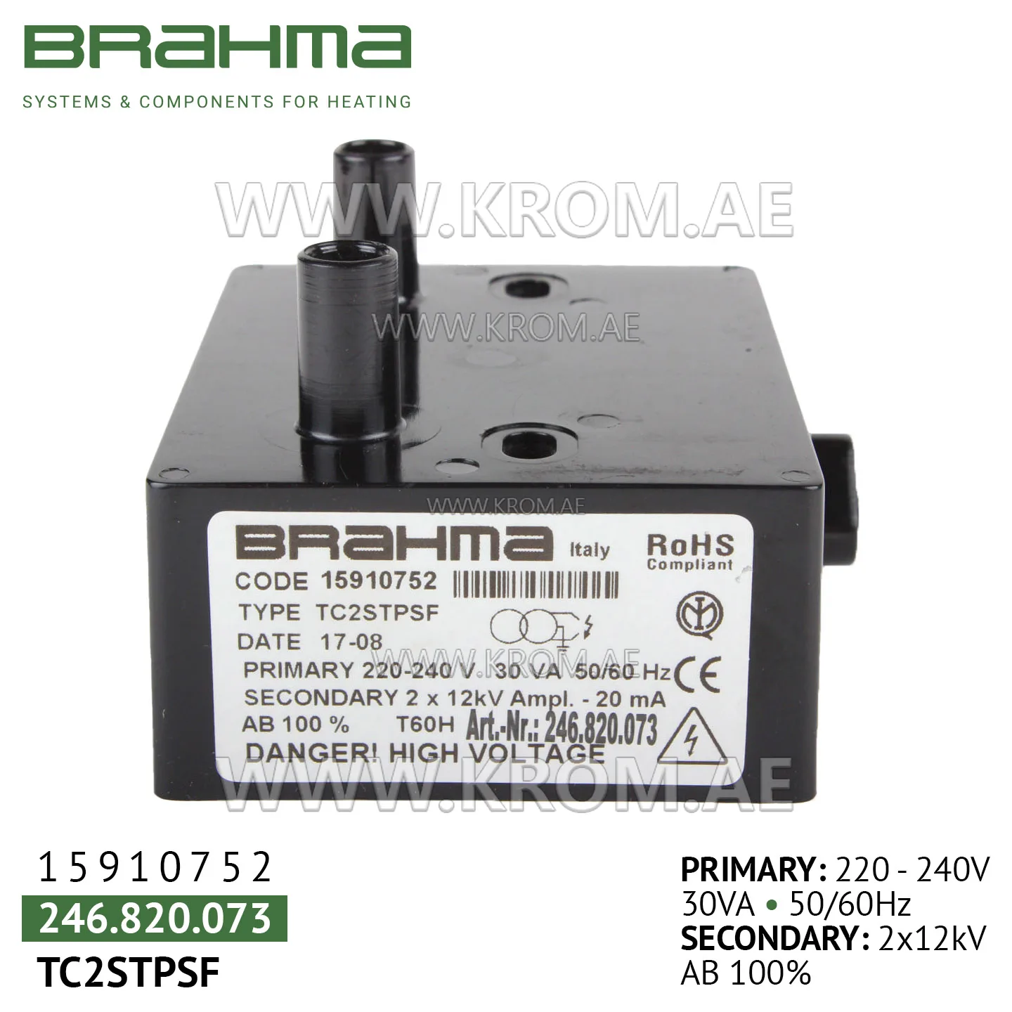 Brahma 15910752 TC2STPSF ignition transformer