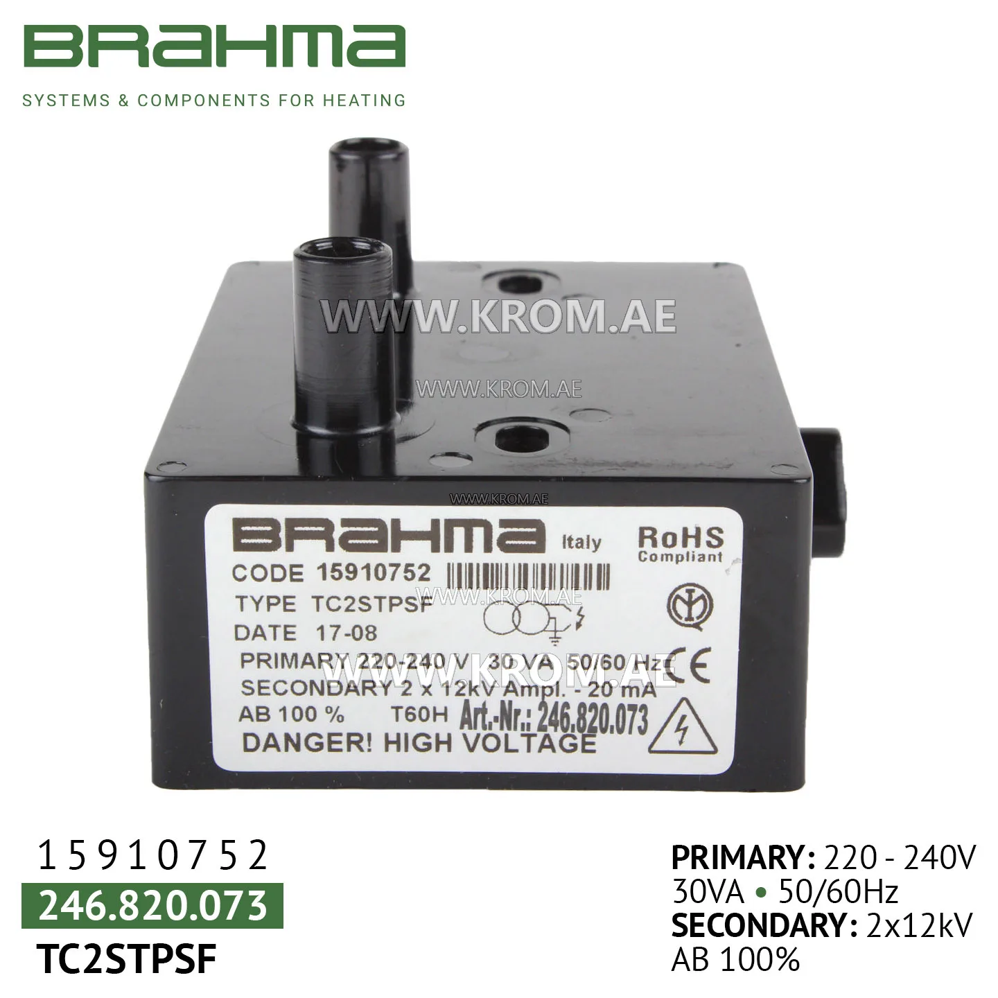 Brahma 15910752 TC2STPSF ignition transformer