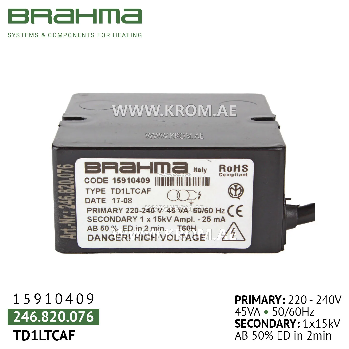 Brahma 15910409 TD1LTCAF ignition transformer